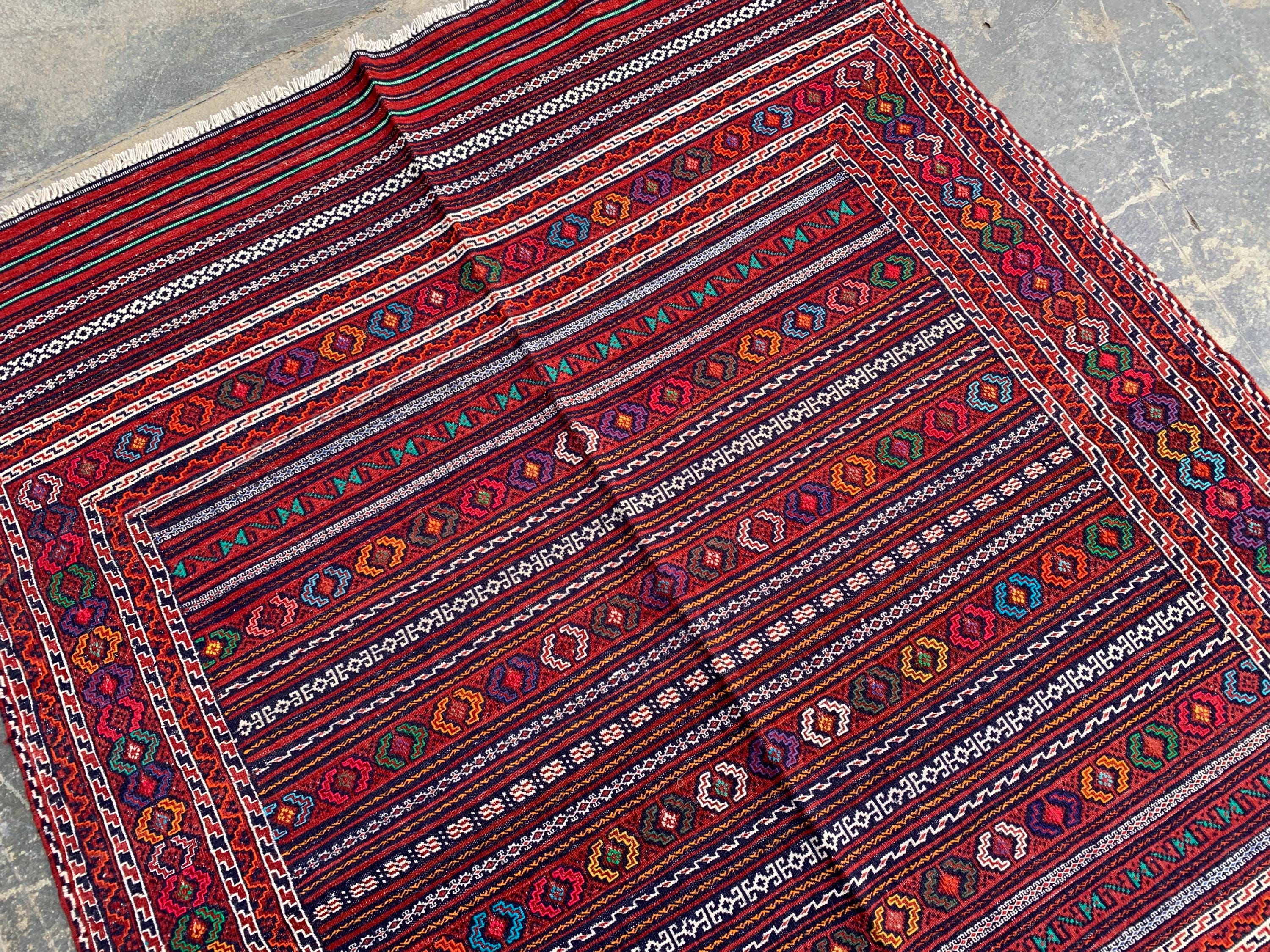 Afghan Kilim Rug 4x6ft – Handwoven Wool Tribal Carpet, Red Geometric Flatweave, Boho Nomadic Floor Mat, Vintage Ethnic Home Decor 184x140 cm