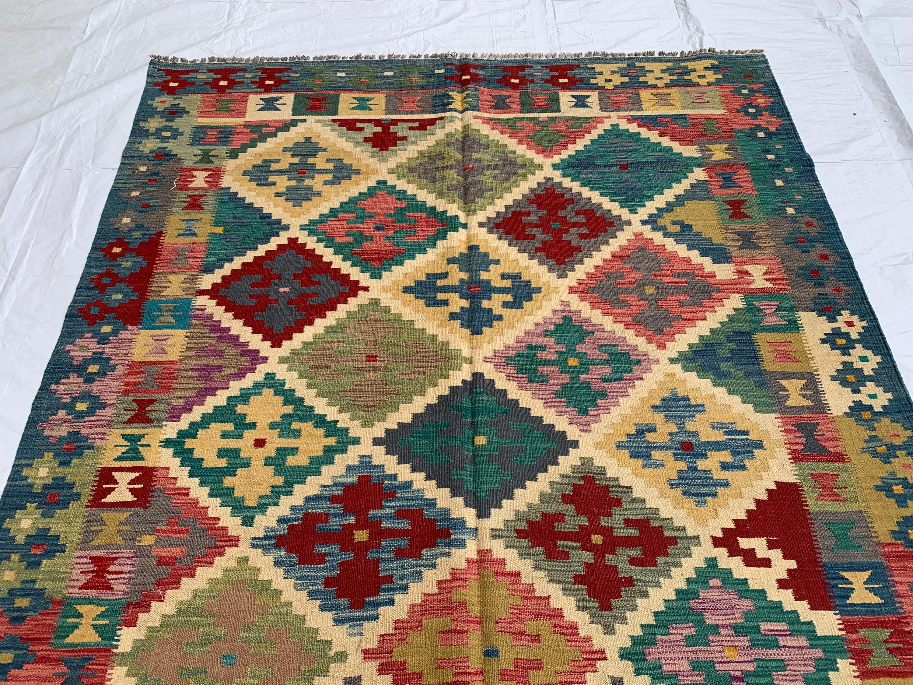 6x10ft, Chobi Kilim Multicolor Rug – Large Handwoven Wool Area Rug, Tribal Afghan Flatweave Carpet, Boho Living Room Floor Decor 294x199 cm