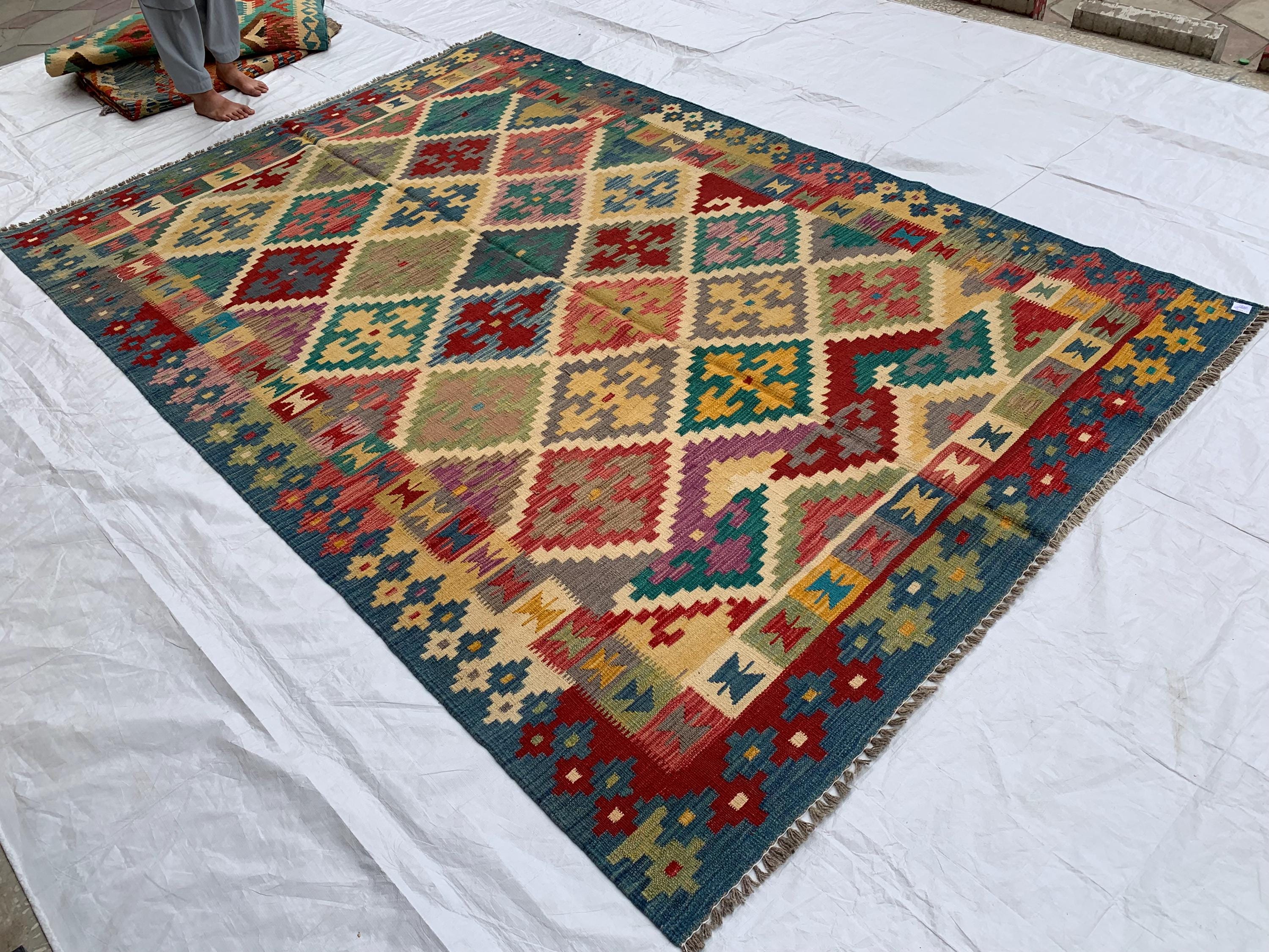 6x10ft, Chobi Kilim Multicolor Rug – Large Handwoven Wool Area Rug, Tribal Afghan Flatweave Carpet, Boho Living Room Floor Decor 294x199 cm