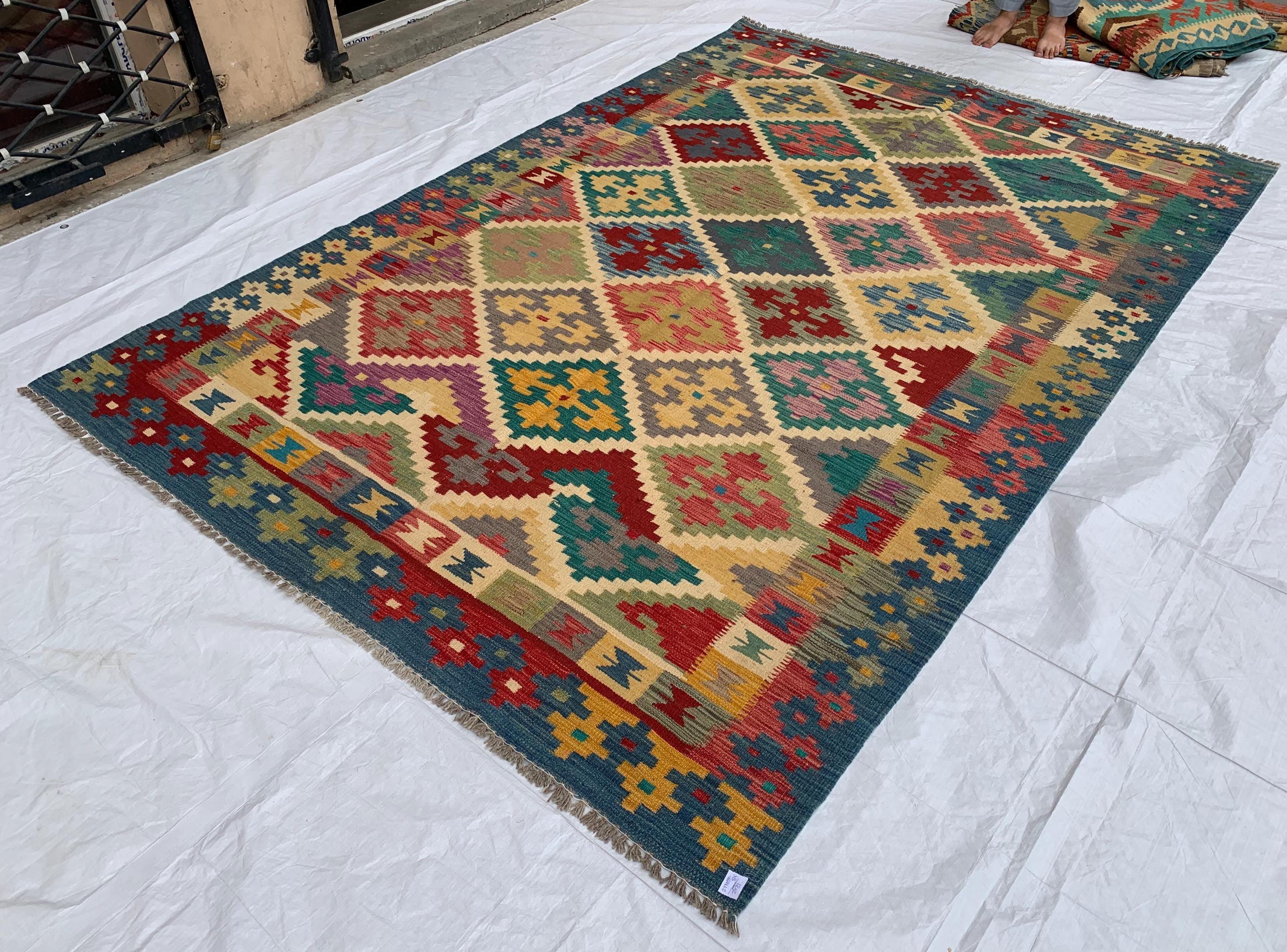 6x10ft, Chobi Kilim Multicolor Rug – Large Handwoven Wool Area Rug, Tribal Afghan Flatweave Carpet, Boho Living Room Floor Decor 294x199 cm