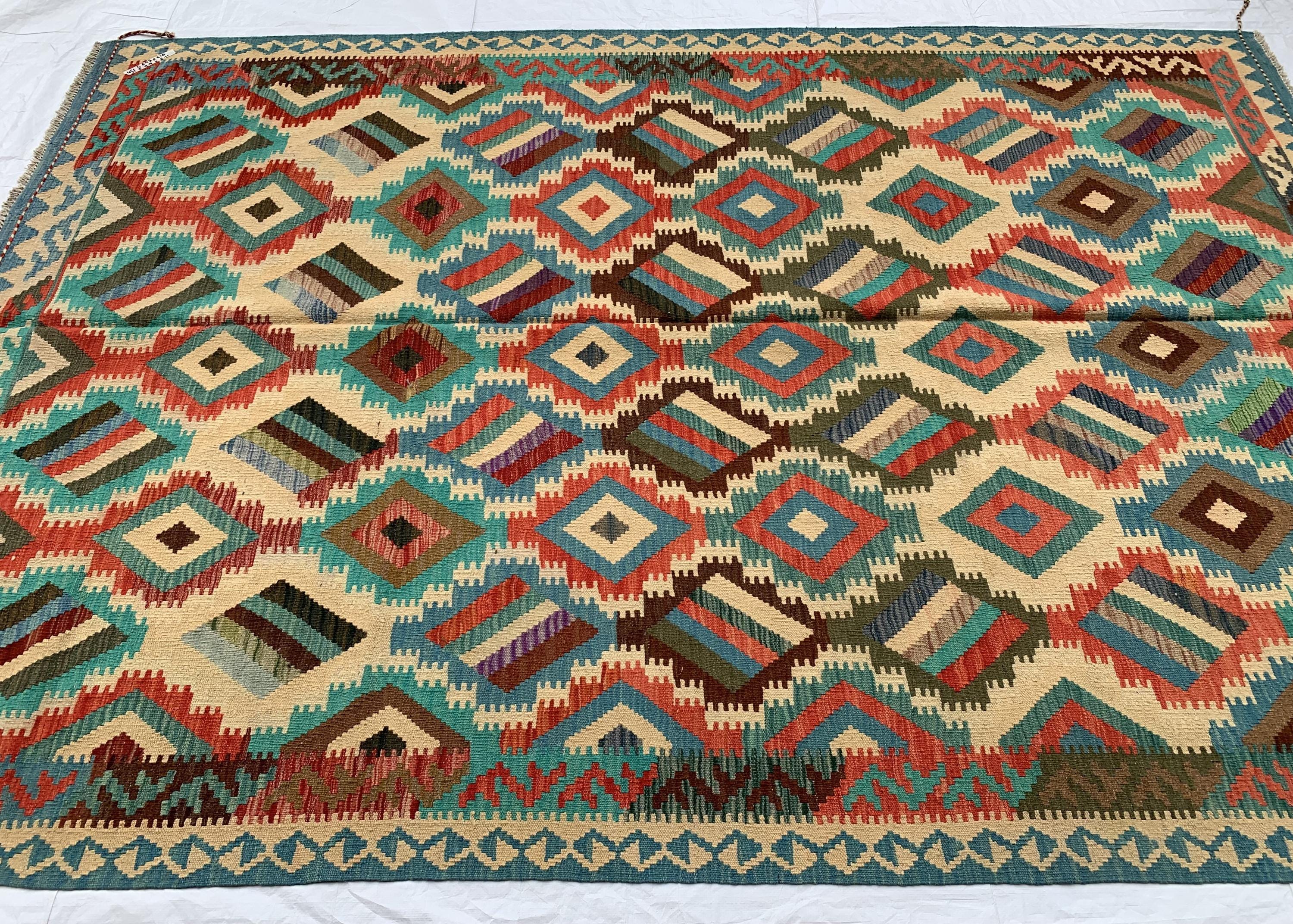 9'7x6'8ft Large Chobi Kilim Multicolor Rug – Turkmen Handwoven Wool Area Rug, Tribal Afghan Flatweave Carpet, Boho Living Room Floor Decor