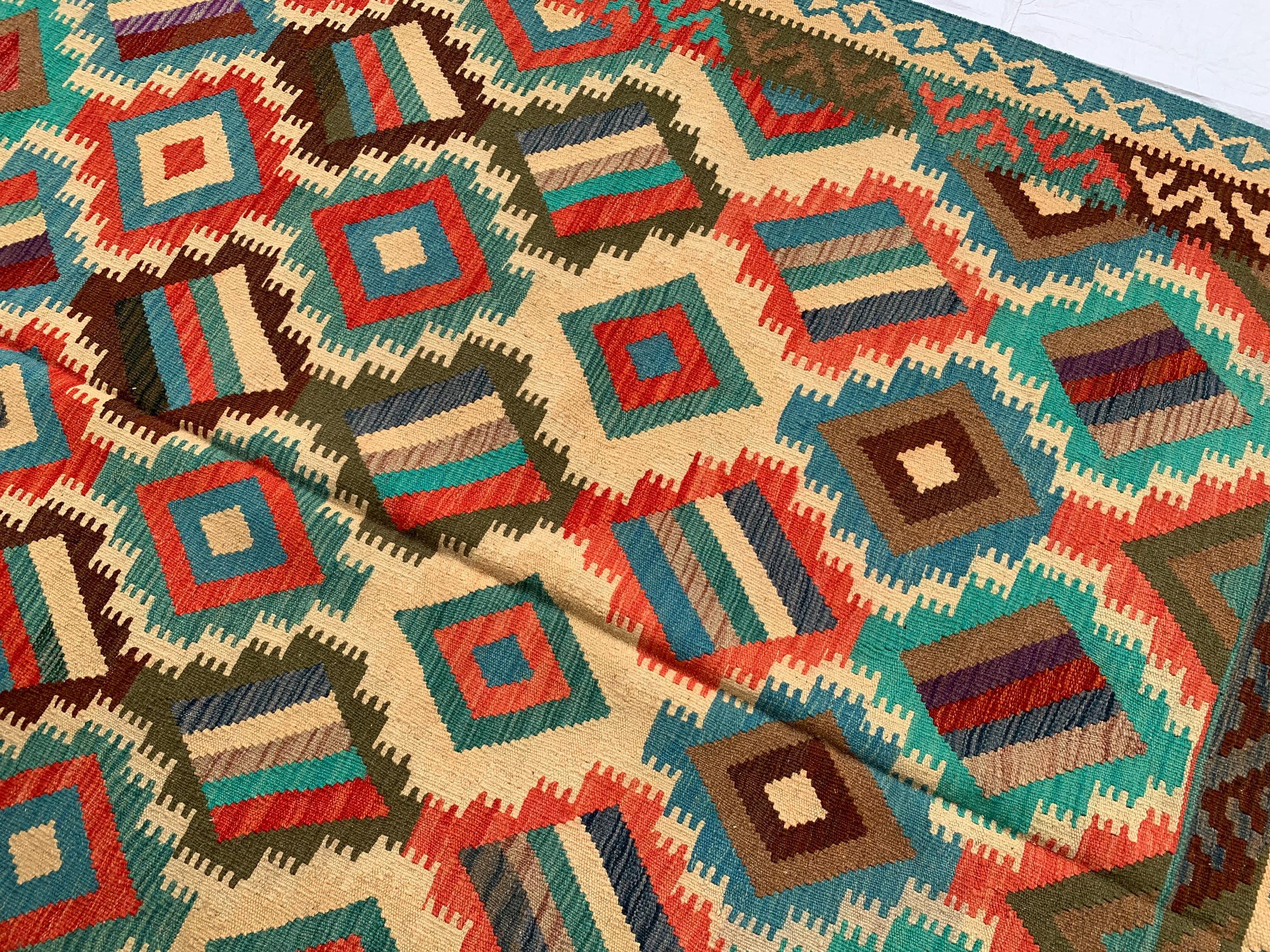 9'7x6'8ft Large Chobi Kilim Multicolor Rug – Turkmen Handwoven Wool Area Rug, Tribal Afghan Flatweave Carpet, Boho Living Room Floor Decor