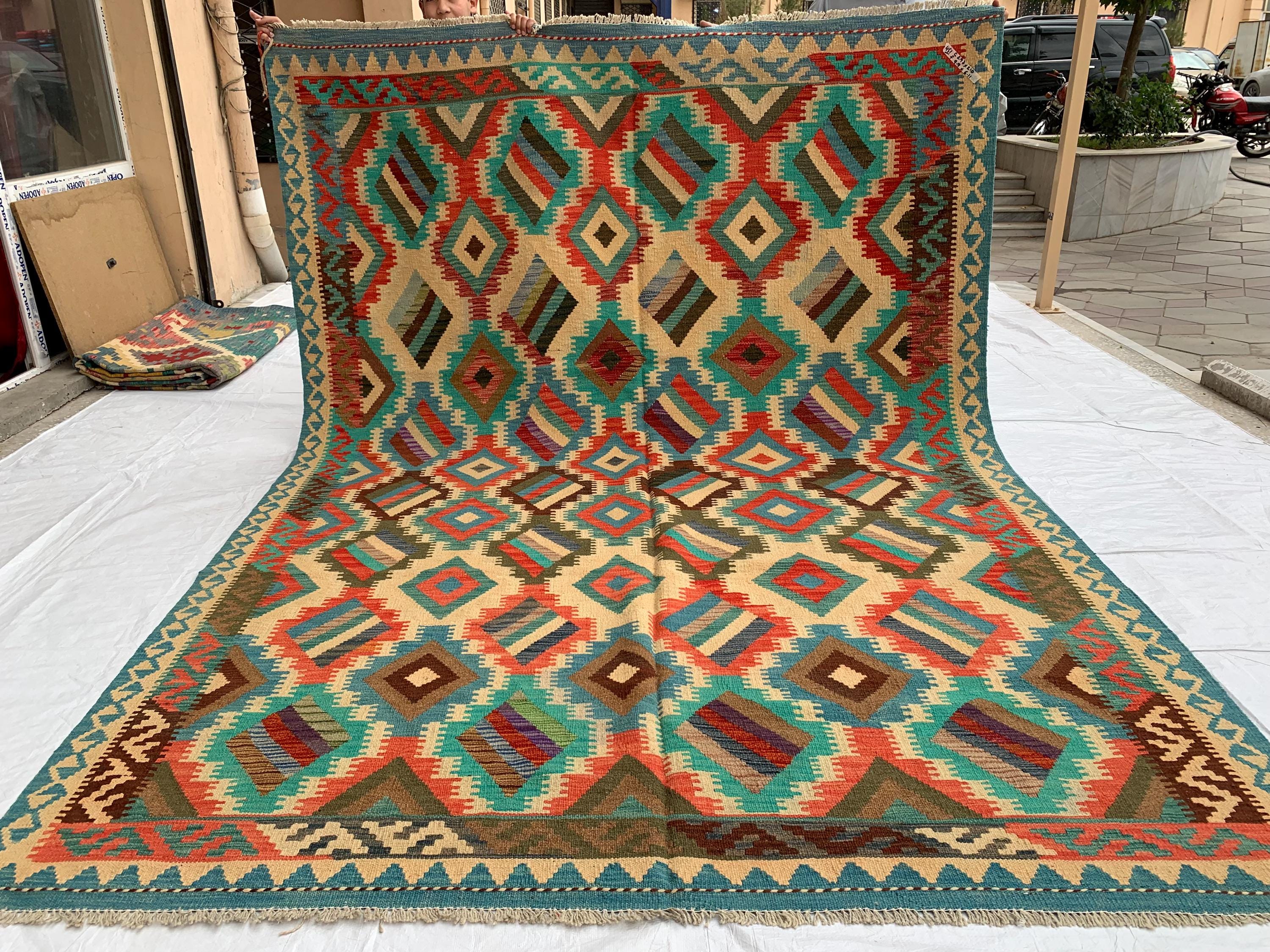 9'7x6'8ft Large Chobi Kilim Multicolor Rug – Turkmen Handwoven Wool Area Rug, Tribal Afghan Flatweave Carpet, Boho Living Room Floor Decor
