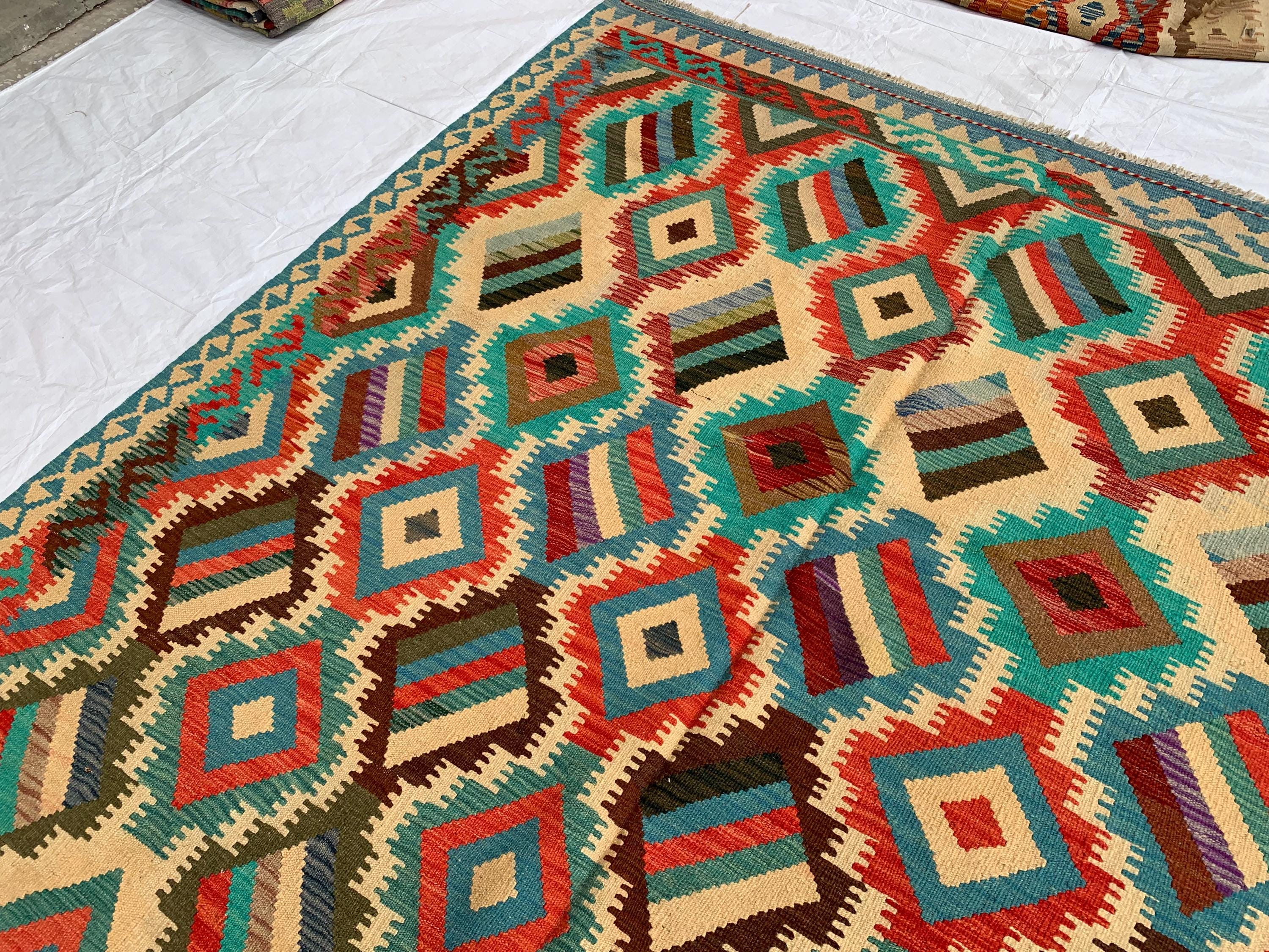 9'7x6'8ft Large Chobi Kilim Multicolor Rug – Turkmen Handwoven Wool Area Rug, Tribal Afghan Flatweave Carpet, Boho Living Room Floor Decor