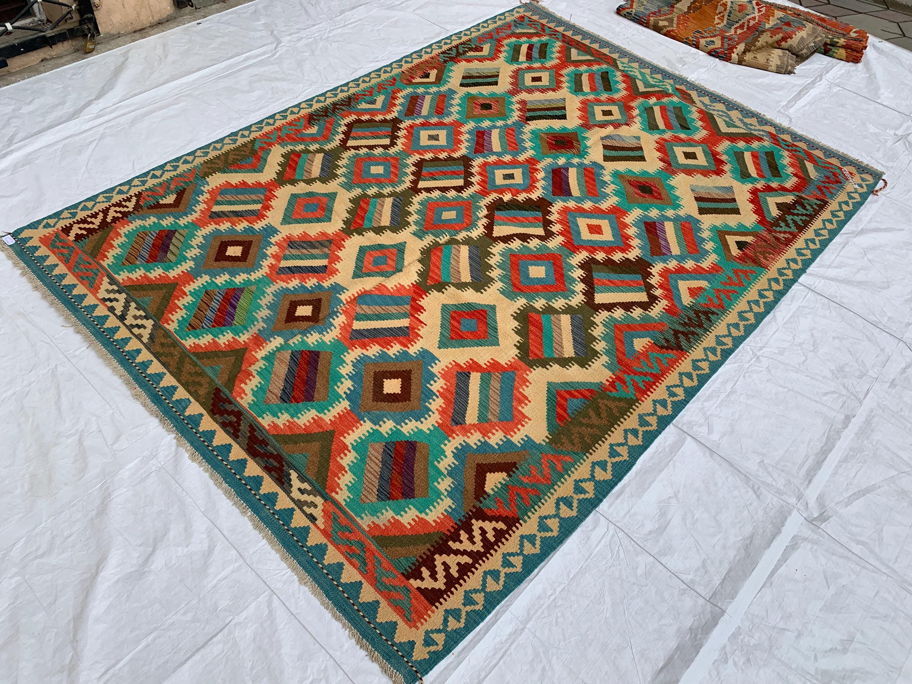 9'7x6'8ft Large Chobi Kilim Multicolor Rug – Turkmen Handwoven Wool Area Rug, Tribal Afghan Flatweave Carpet, Boho Living Room Floor Decor