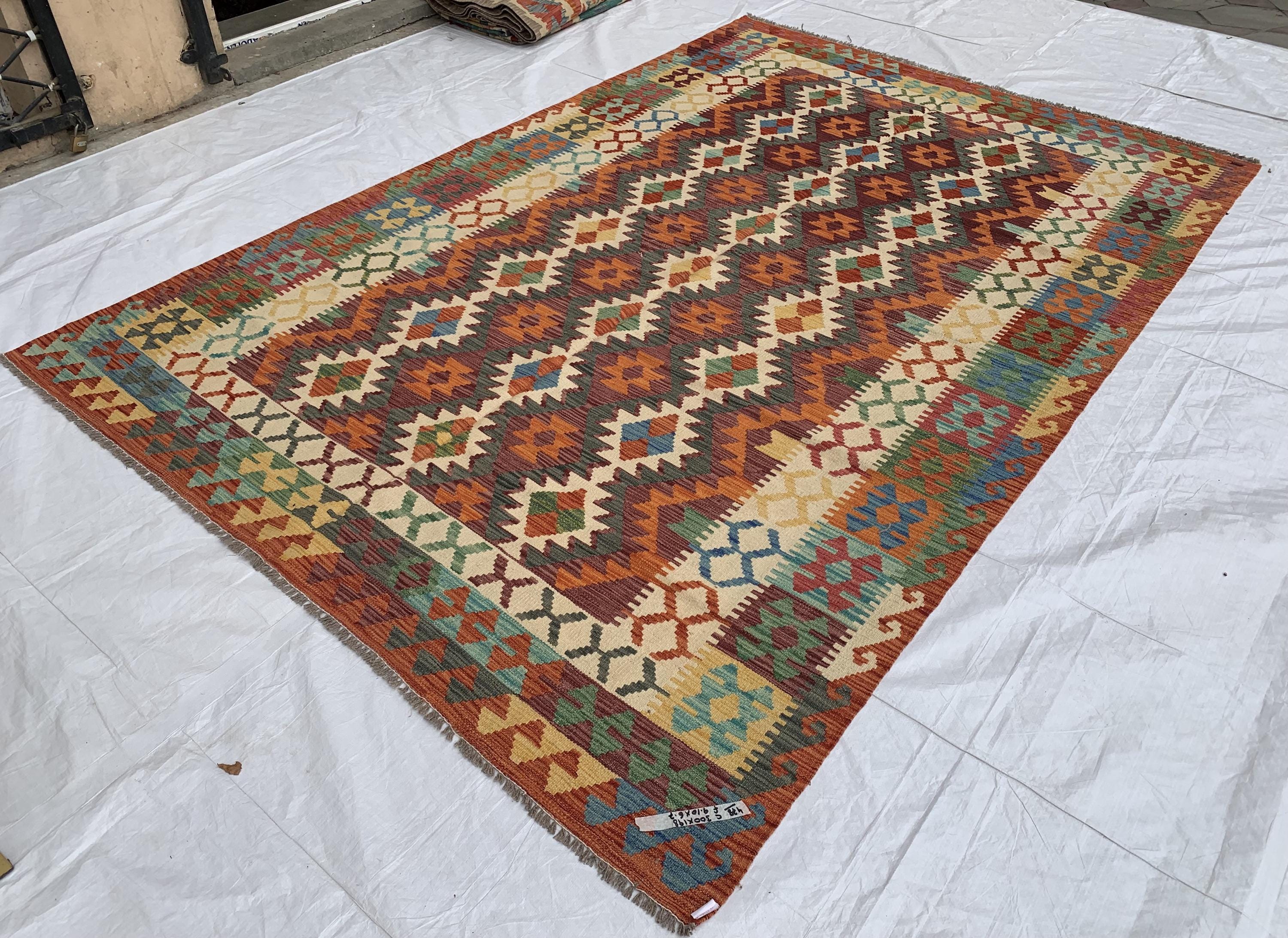 7x10ft Large Chobi Kilim Multicolor Rug – Turkmen Handwoven Wool Area Rug, Tribal Afghan Flatweave Carpet, Boho Living Room Floor Decor