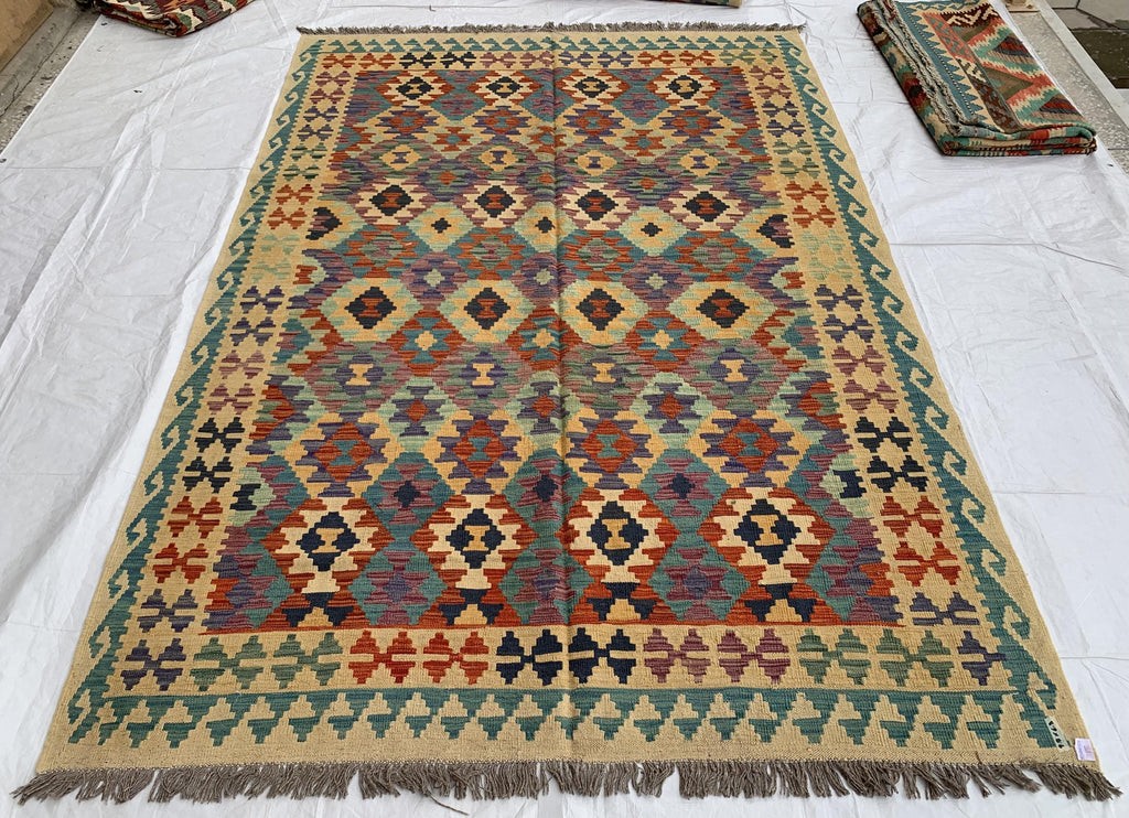 7x10ft Kilim Multicolor Rug – Large Handwoven Wool Area Rug, Tribal Afghan Flatweave Carpet, Boho decor, rug for living room 293x202 cm