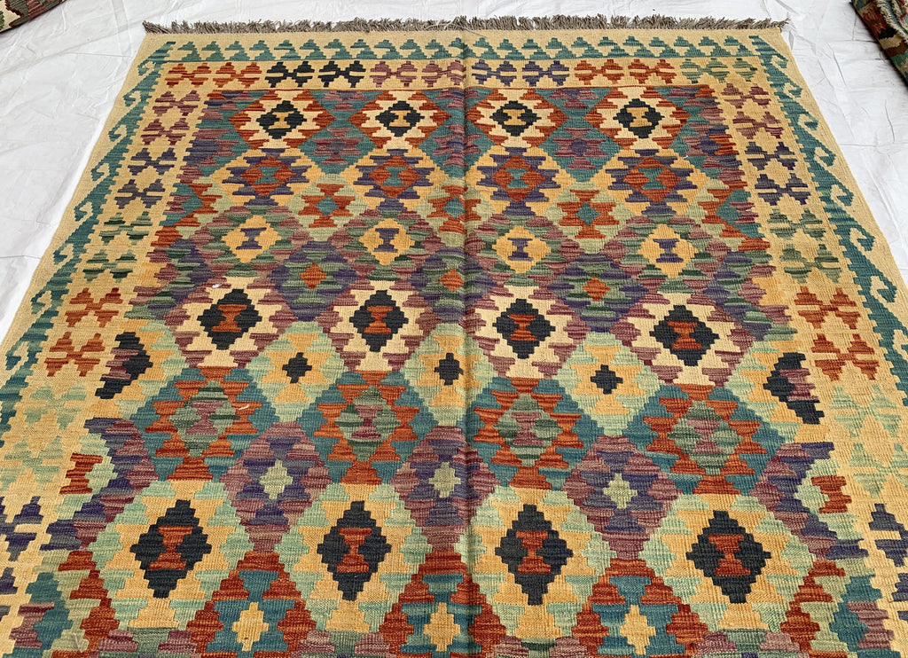 7x10ft Kilim Multicolor Rug – Large Handwoven Wool Area Rug, Tribal Afghan Flatweave Carpet, Boho decor, rug for living room 293x202 cm