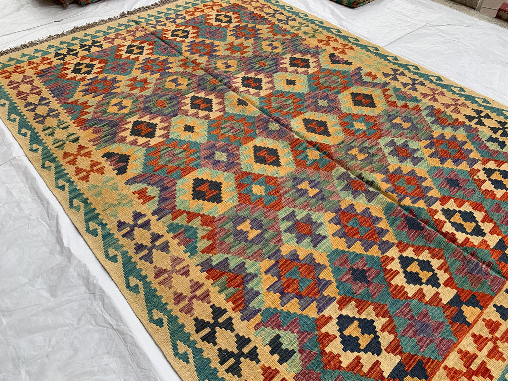 7x10ft Kilim Multicolor Rug – Large Handwoven Wool Area Rug, Tribal Afghan Flatweave Carpet, Boho decor, rug for living room 293x202 cm