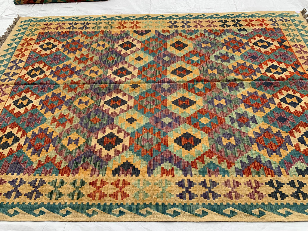 7x10ft Kilim Multicolor Rug – Large Handwoven Wool Area Rug, Tribal Afghan Flatweave Carpet, Boho decor, rug for living room 293x202 cm