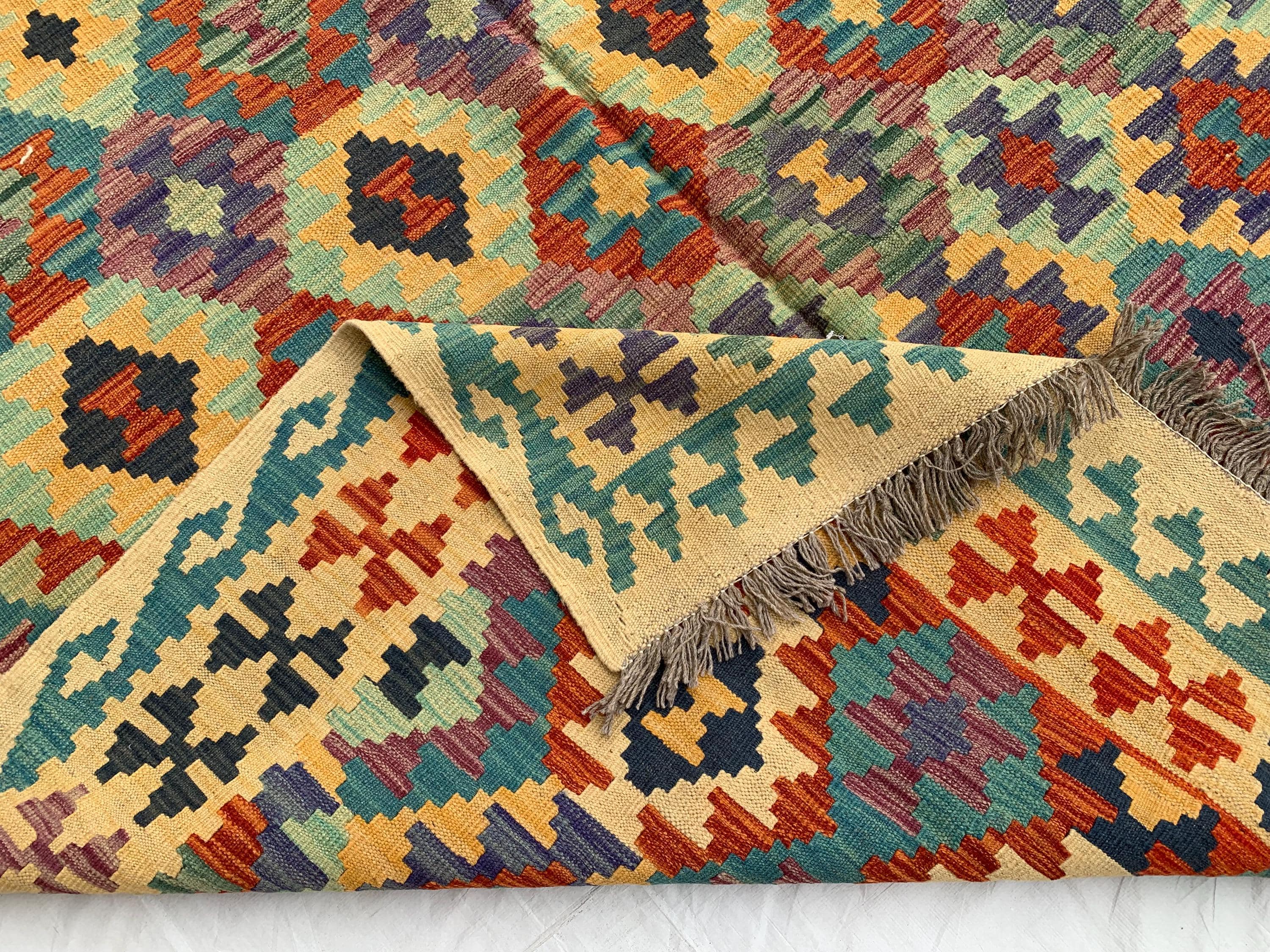 7x10ft Kilim Multicolor Rug – Large Handwoven Wool Area Rug, Tribal Afghan Flatweave Carpet, Boho decor, rug for living room 293x202 cm