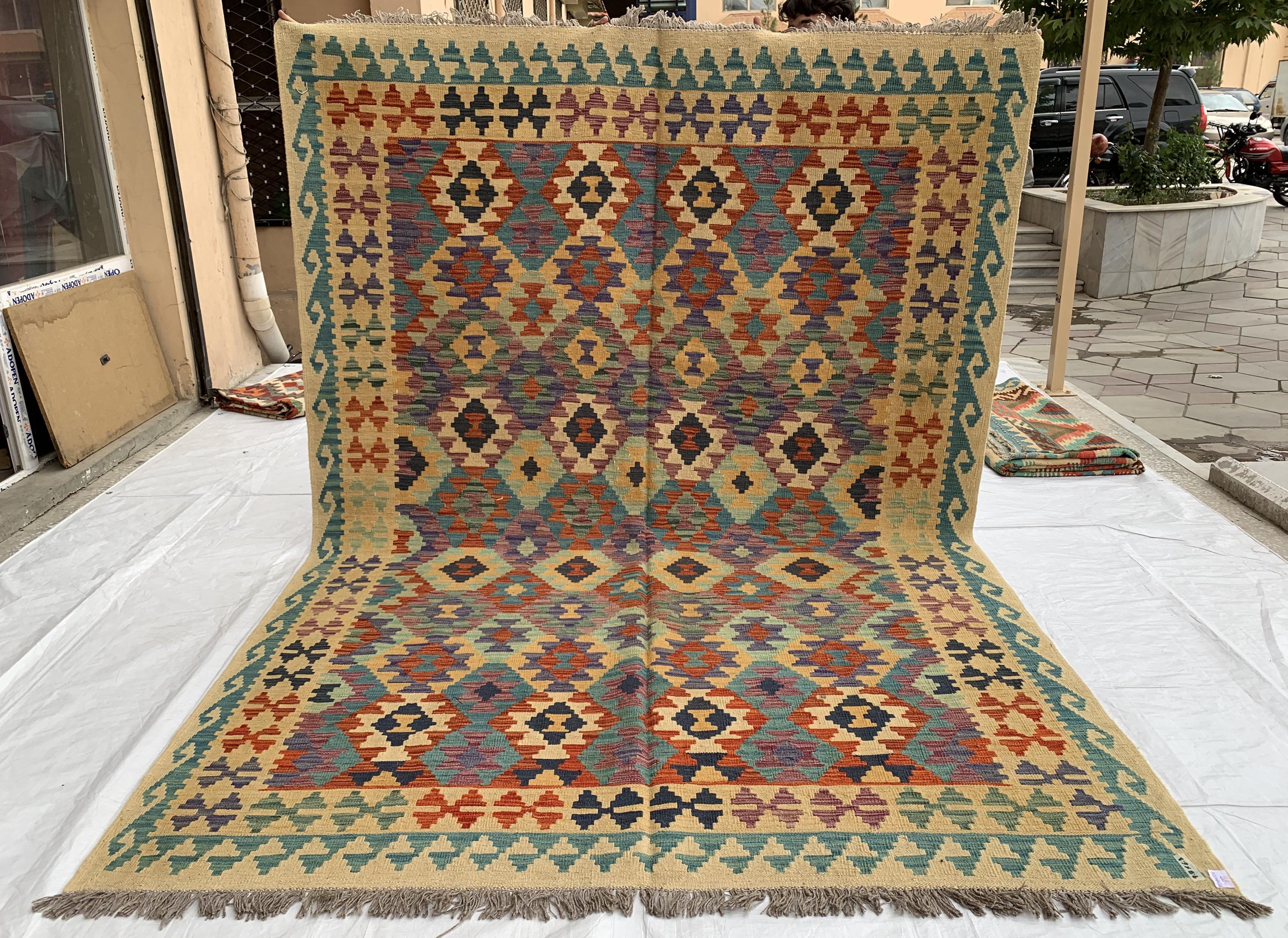 7x10ft Kilim Multicolor Rug – Large Handwoven Wool Area Rug, Tribal Afghan Flatweave Carpet, Boho decor, rug for living room 293x202 cm