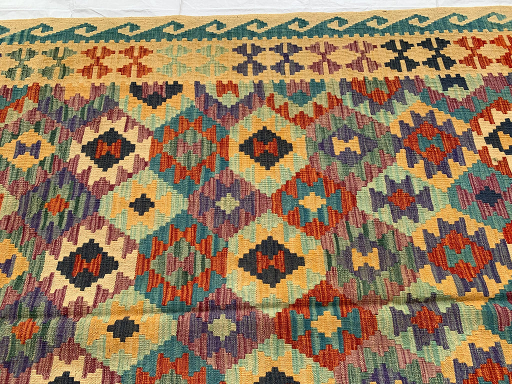 7x10ft Kilim Multicolor Rug – Large Handwoven Wool Area Rug, Tribal Afghan Flatweave Carpet, Boho decor, rug for living room 293x202 cm
