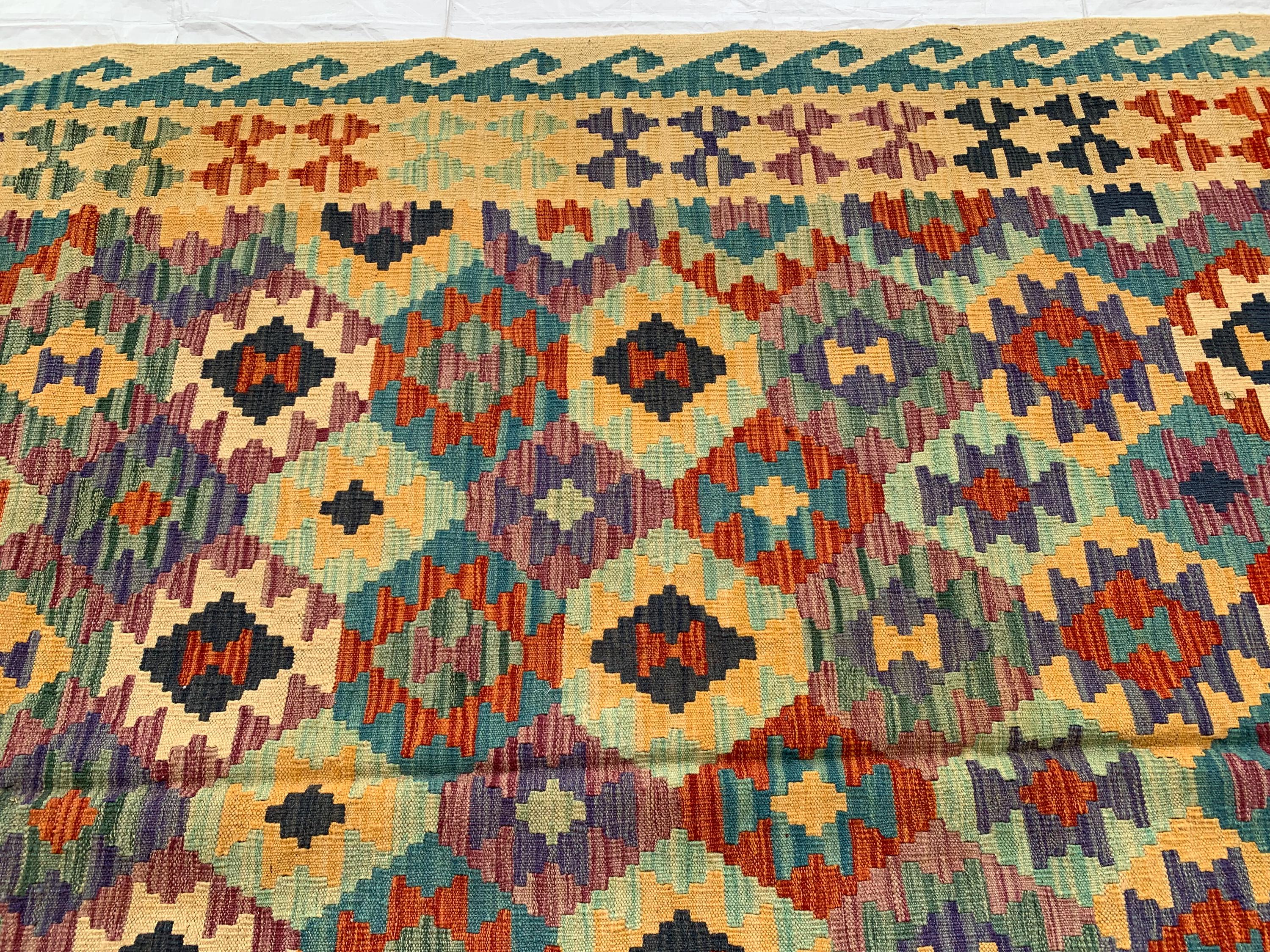 7x10ft Kilim Multicolor Rug – Large Handwoven Wool Area Rug, Tribal Afghan Flatweave Carpet, Boho decor, rug for living room 293x202 cm