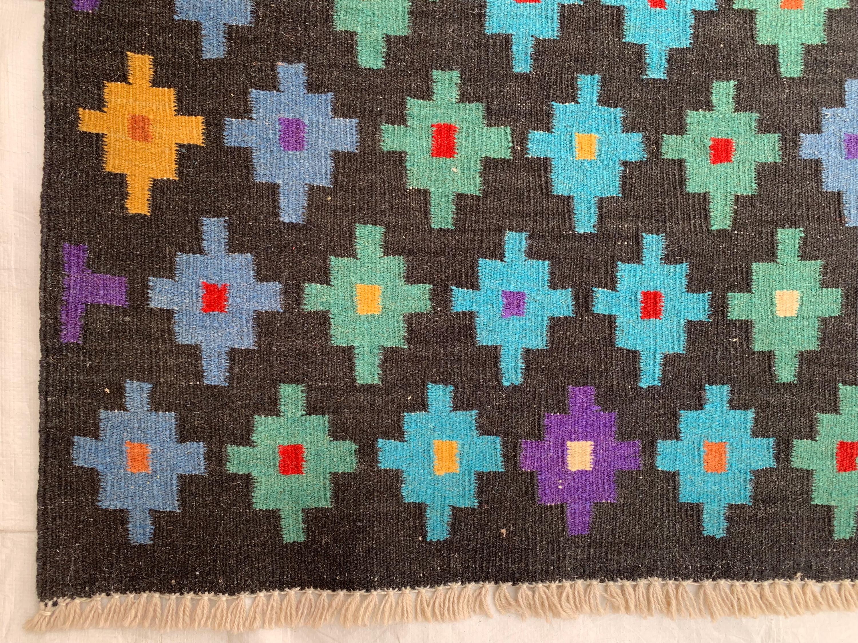 3x7ft, Handwoven Afghan Kilim Runner Rug – Geometric Tribal Pattern, Multicolor on Black, Wool Flatweave Hallway Rug, Kitchen Rug, 199x81cm