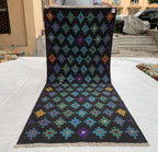 3x7ft, Handwoven Afghan Kilim Runner Rug – Geometric Tribal Pattern, Multicolor on Black, Wool Flatweave Hallway Rug, Kitchen Rug, 199x81cm