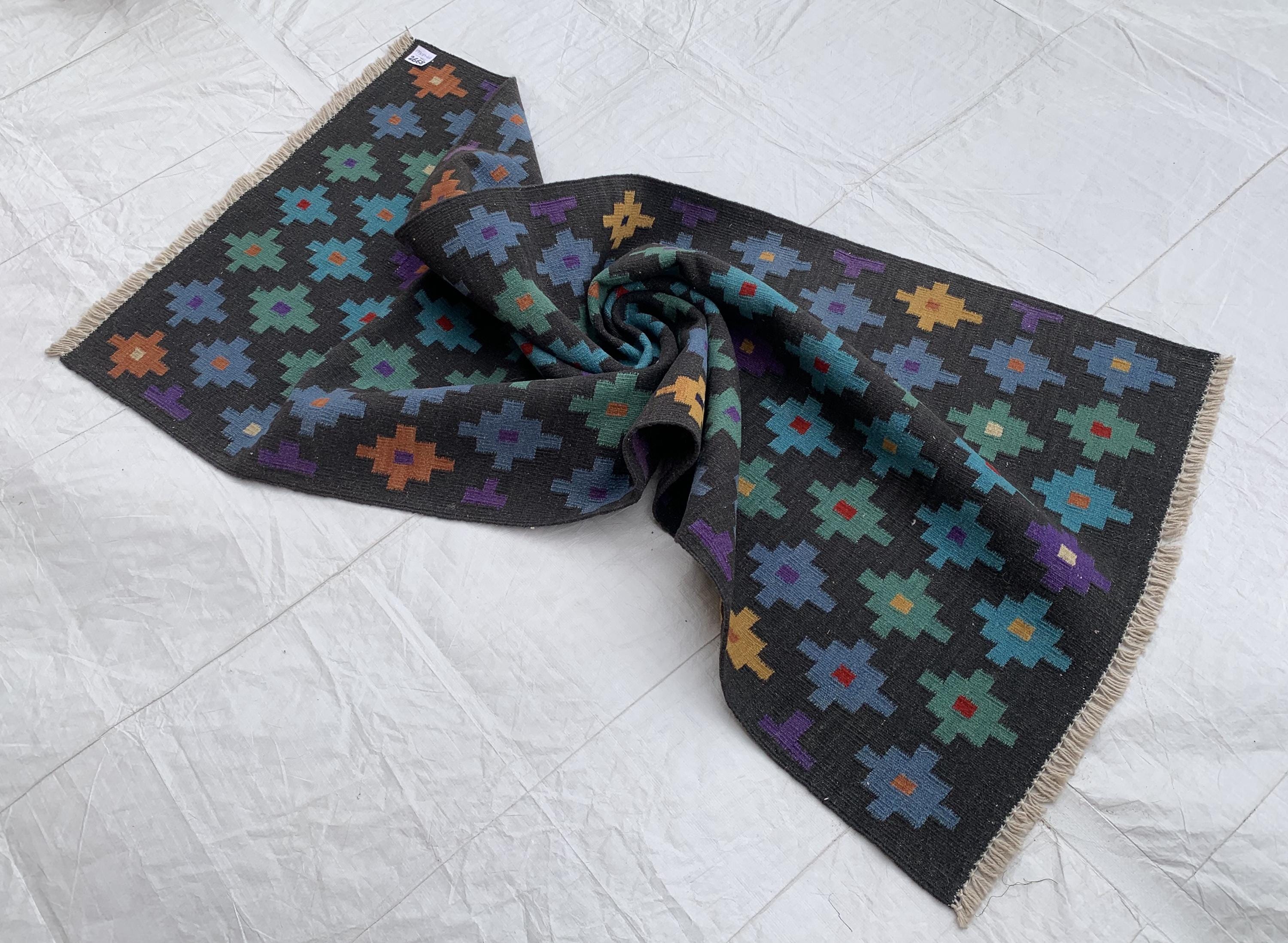 3x7ft, Handwoven Afghan Kilim Runner Rug – Geometric Tribal Pattern, Multicolor on Black, Wool Flatweave Hallway Rug, Kitchen Rug, 199x81cm