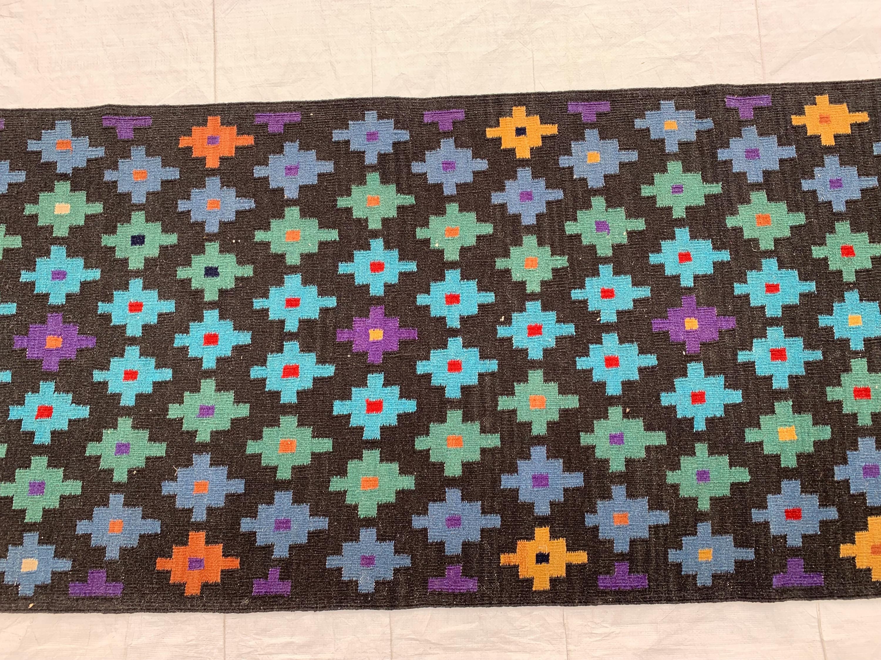 3x7ft, Handwoven Afghan Kilim Runner Rug – Geometric Tribal Pattern, Multicolor on Black, Wool Flatweave Hallway Rug, Kitchen Rug, 199x81cm