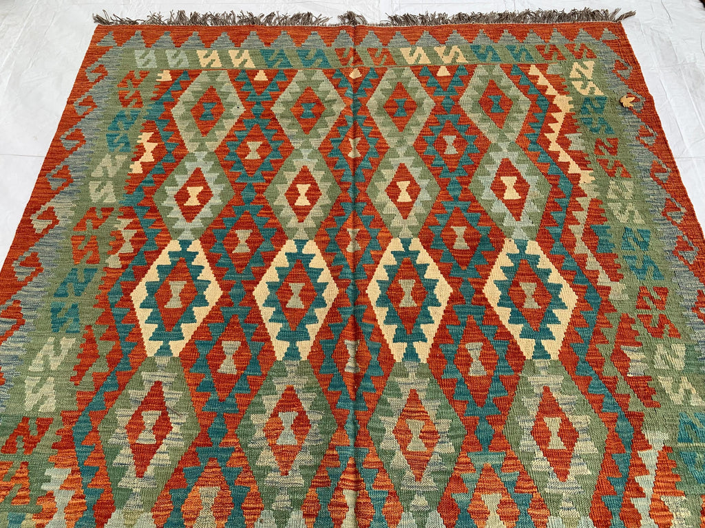 7x10ft, Large flatweave Afghan Kilim Rug, Turkmen Handmade Wool Area Rug, Green and Red Rug, Rug for Living Room, Bedroom Rug 283 x 206 cm