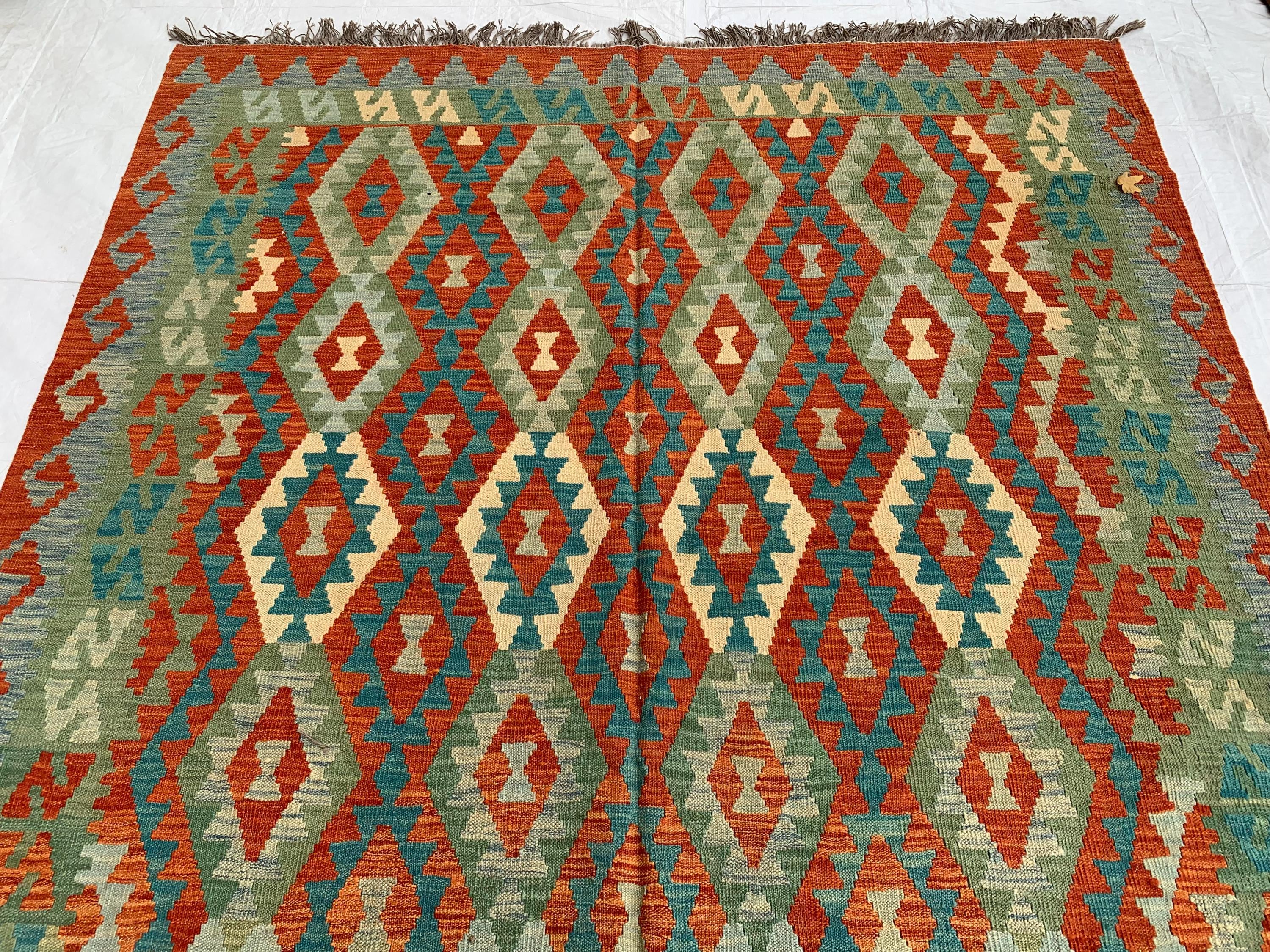7x10ft, Large flatweave Afghan Kilim Rug, Turkmen Handmade Wool Area Rug, Green and Red Rug, Rug for Living Room, Bedroom Rug 283 x 206 cm