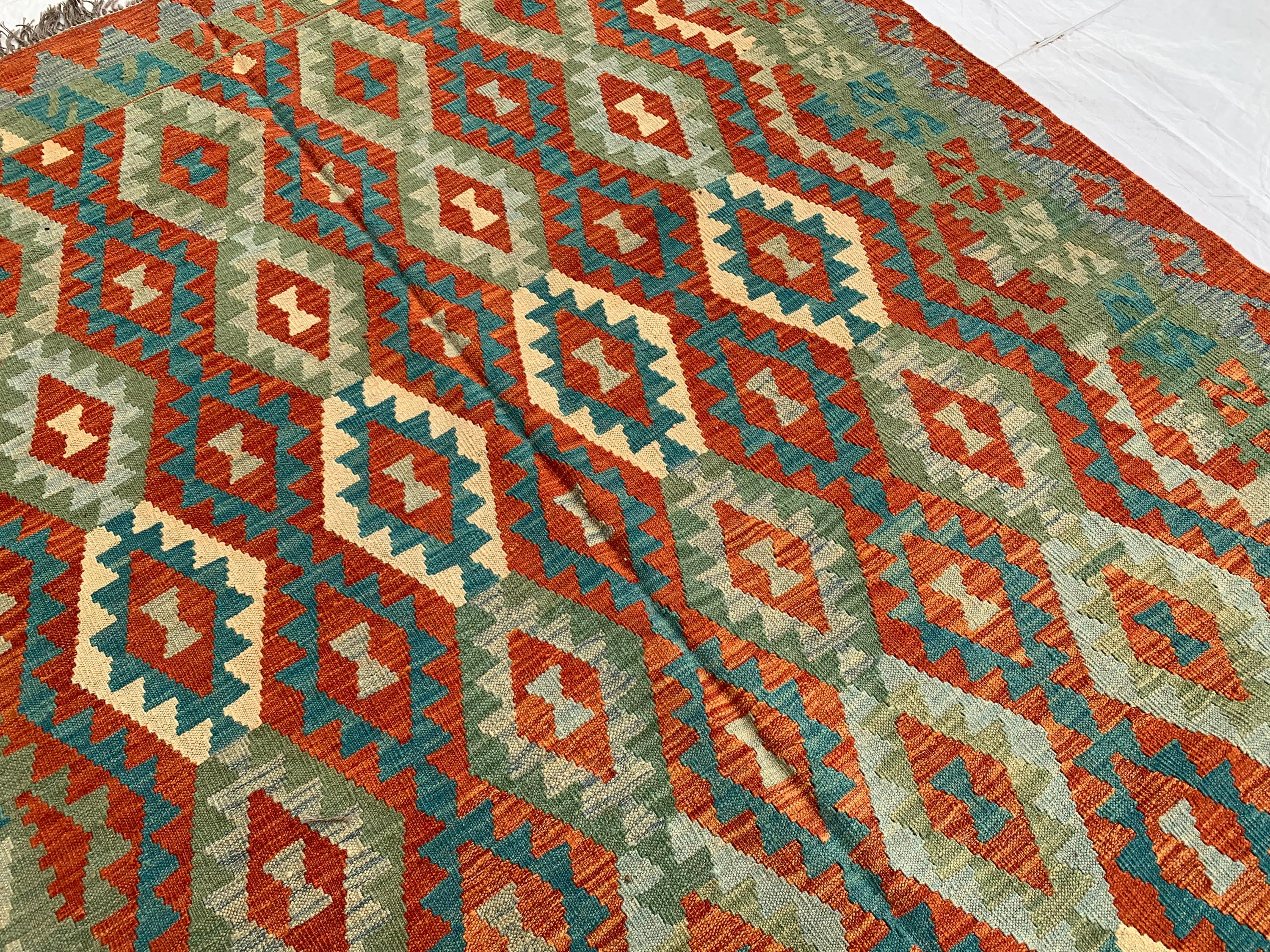 7x10ft, Large flatweave Afghan Kilim Rug, Turkmen Handmade Wool Area Rug, Green and Red Rug, Rug for Living Room, Bedroom Rug 283 x 206 cm
