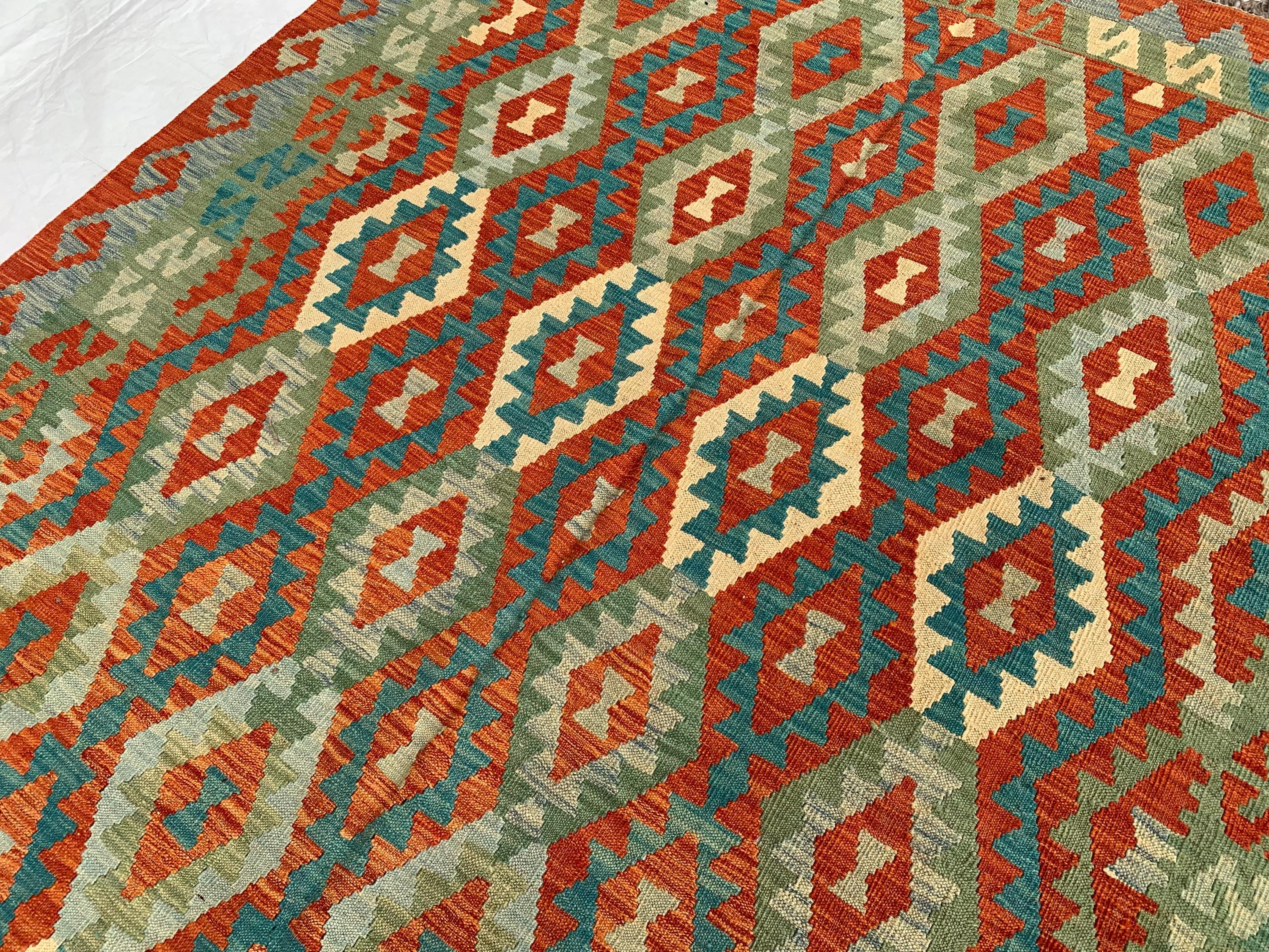 7x10ft, Large flatweave Afghan Kilim Rug, Turkmen Handmade Wool Area Rug, Green and Red Rug, Rug for Living Room, Bedroom Rug 283 x 206 cm