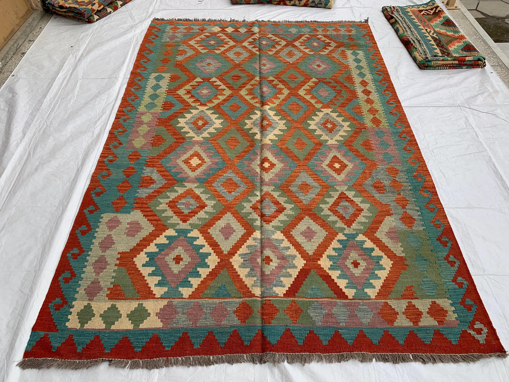 Large Handwoven Afghan Kilim Rug, 9.10x6.7ft, Flatweave Turkmen Wool Area Rug, Multicolor Kilim Rug, Rug for Farmhouse, Picnic Outdoor Use