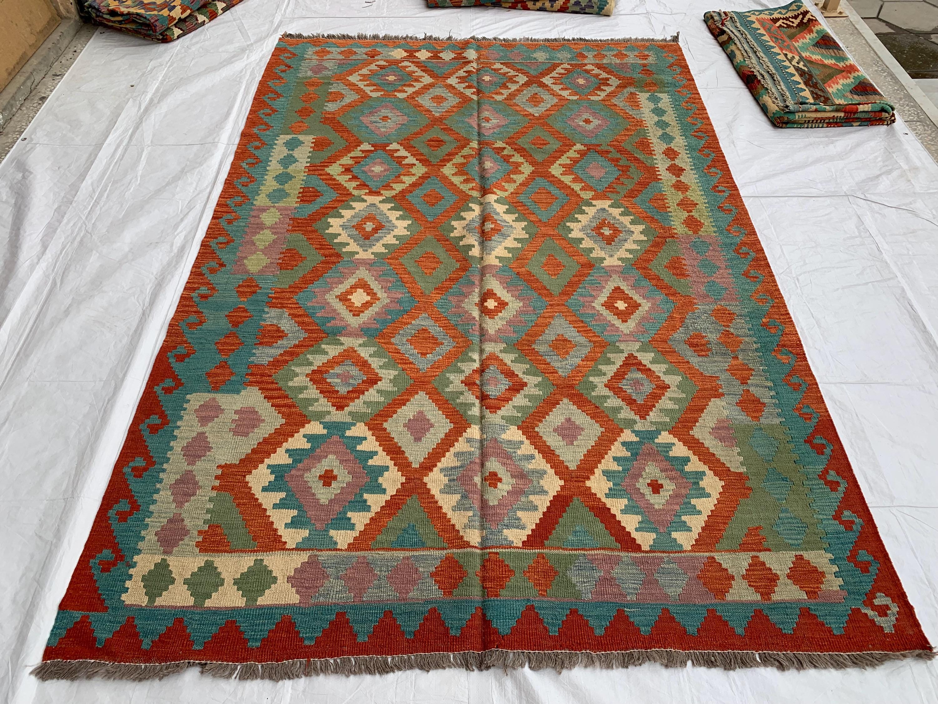 Large Handwoven Afghan Kilim Rug, 9.10x6.7ft, Flatweave Turkmen Wool Area Rug, Multicolor Kilim Rug, Rug for Farmhouse, Picnic Outdoor Use