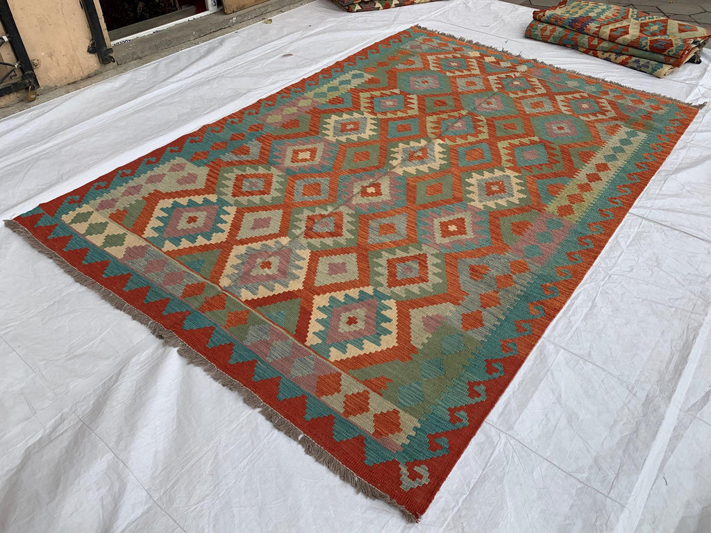 Large Handwoven Afghan Kilim Rug, 9.10x6.7ft, Flatweave Turkmen Wool Area Rug, Multicolor Kilim Rug, Rug for Farmhouse, Picnic Outdoor Use