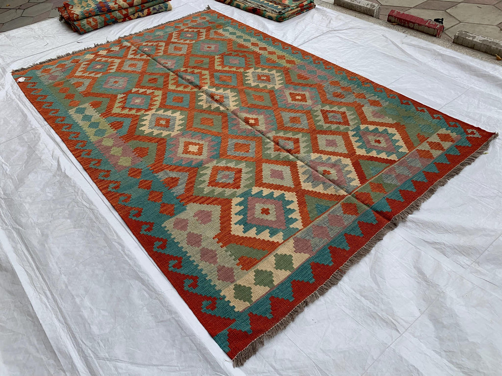 Large Handwoven Afghan Kilim Rug, 9.10x6.7ft, Flatweave Turkmen Wool Area Rug, Multicolor Kilim Rug, Rug for Farmhouse, Picnic Outdoor Use