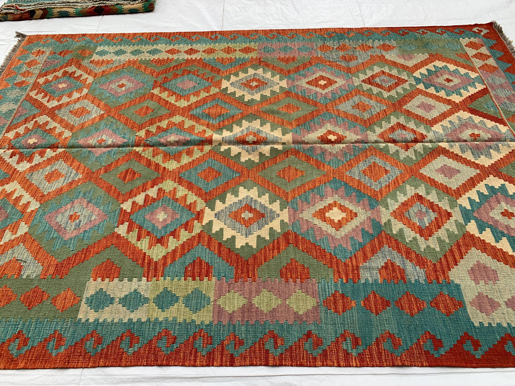 Large Handwoven Afghan Kilim Rug, 9.10x6.7ft, Flatweave Turkmen Wool Area Rug, Multicolor Kilim Rug, Rug for Farmhouse, Picnic Outdoor Use