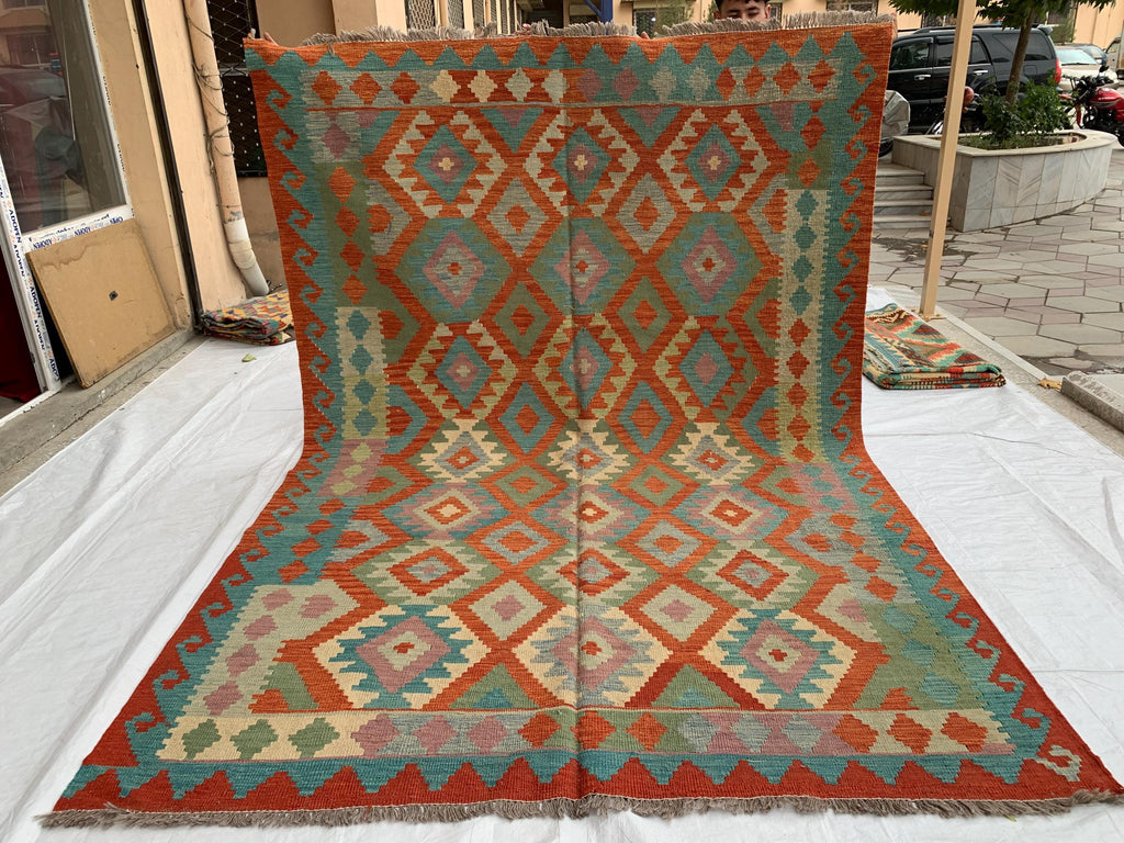 Large Handwoven Afghan Kilim Rug, 9.10x6.7ft, Flatweave Turkmen Wool Area Rug, Multicolor Kilim Rug, Rug for Farmhouse, Picnic Outdoor Use