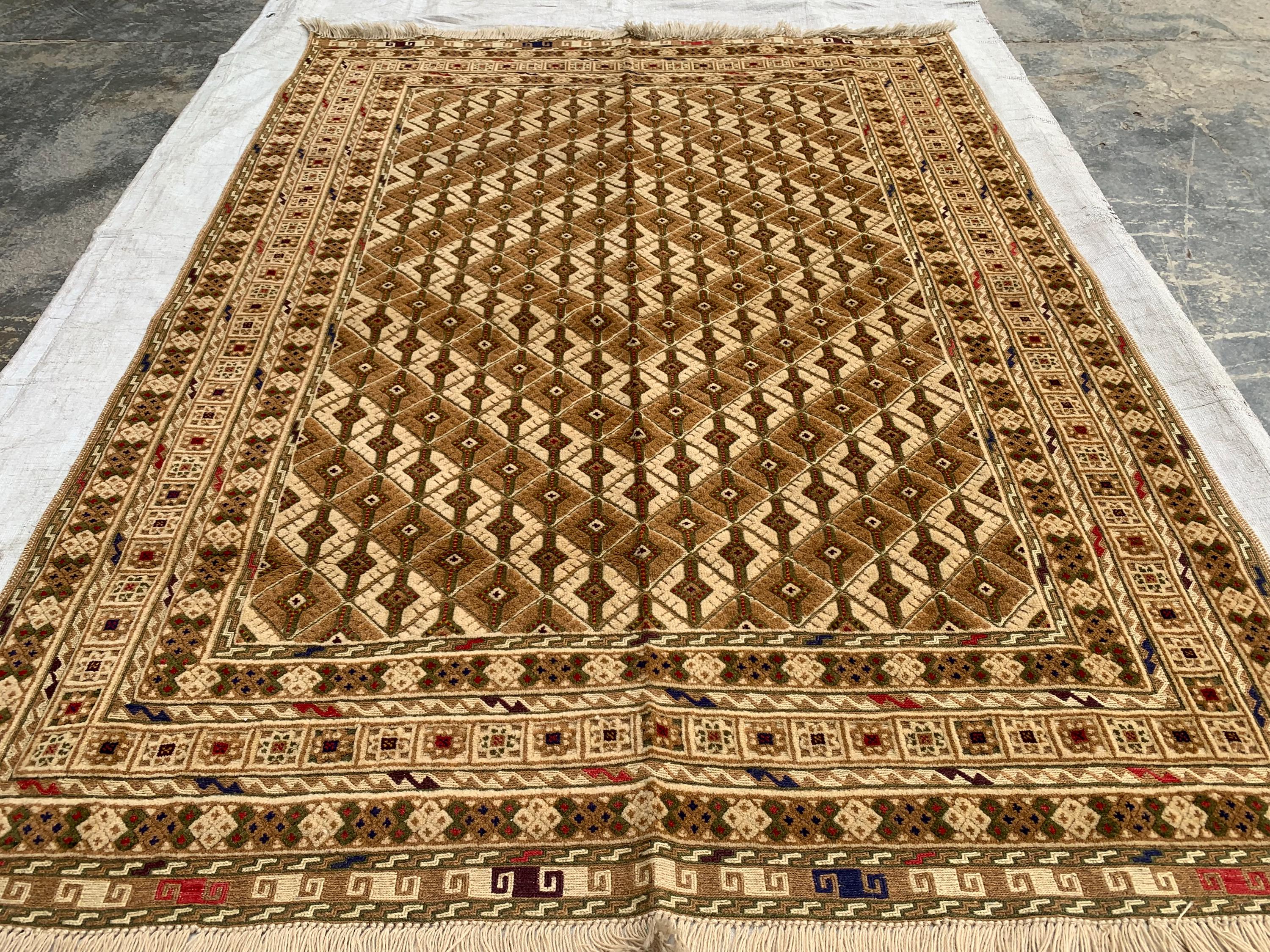 5x7ft Handmade Wool Rug – Brown & Beige Geometric Pattern Area Carpet | Tribal Boho Floor Decor | Hand-Knotted Oriental Rug for Living Room