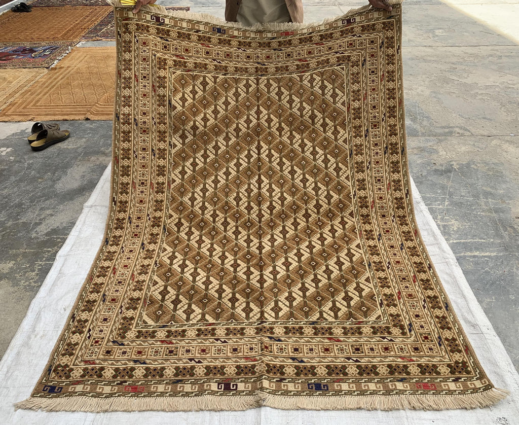 5x7ft Handmade Wool Rug – Brown & Beige Geometric Pattern Area Carpet | Tribal Boho Floor Decor | Hand-Knotted Oriental Rug for Living Room