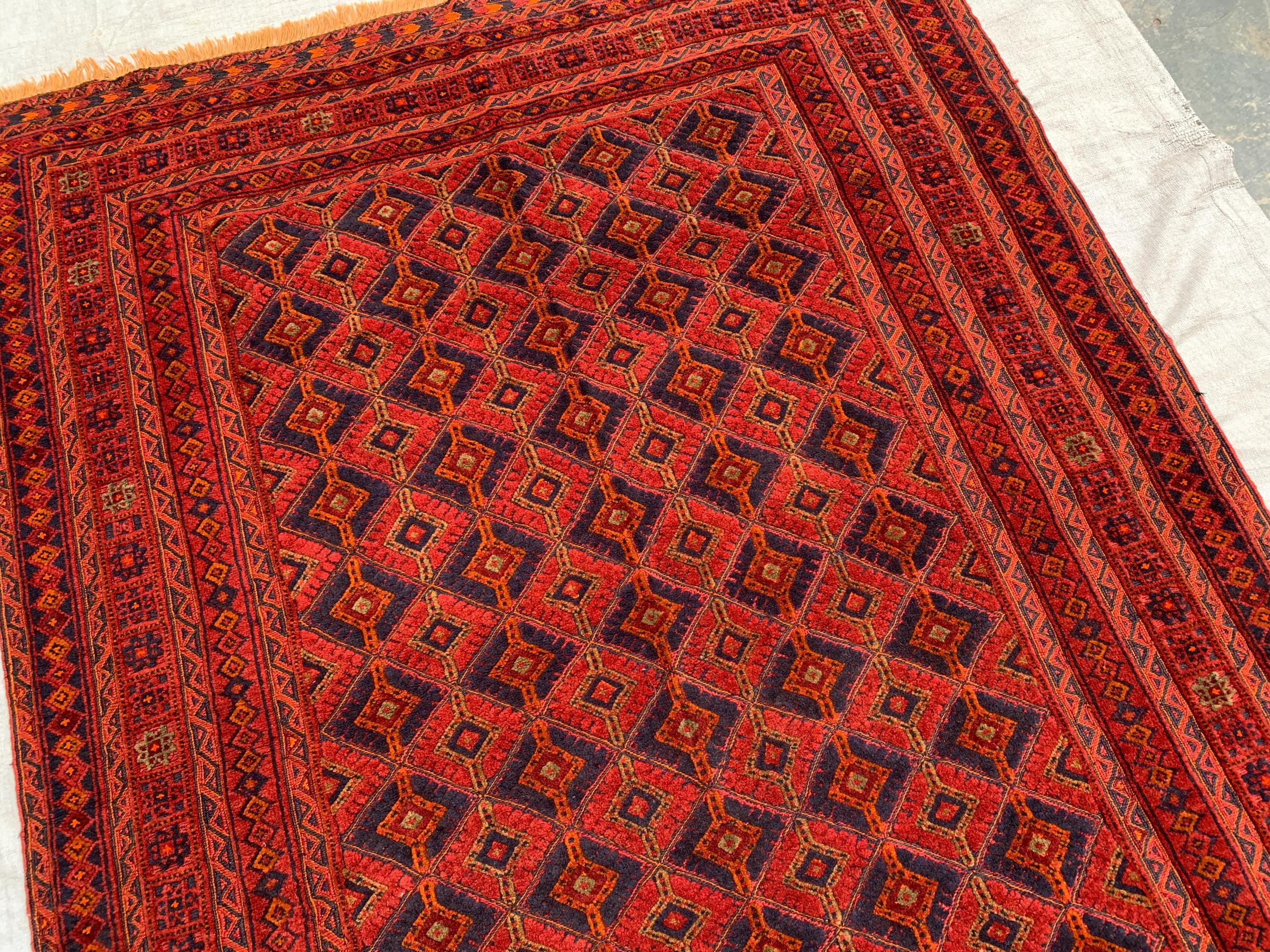 4'6x5'6ft, Vintage Afghan Rug – Handmade Wool Red and Blue Tribal Carpet | Geometric Oriental Area Rug for Living Room, Bedroom or Office