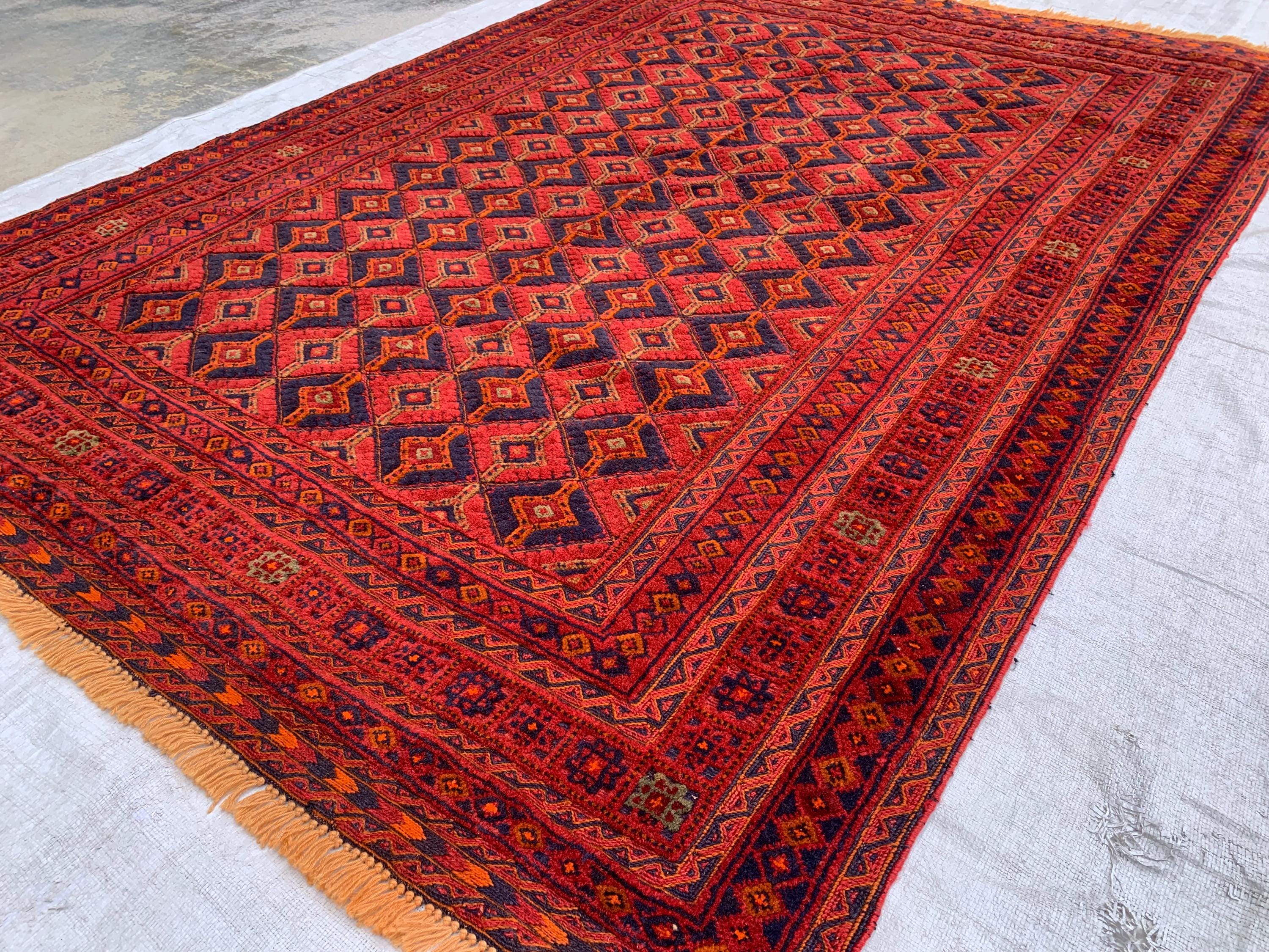 4'6x5'6ft, Vintage Afghan Rug – Handmade Wool Red and Blue Tribal Carpet | Geometric Oriental Area Rug for Living Room, Bedroom or Office