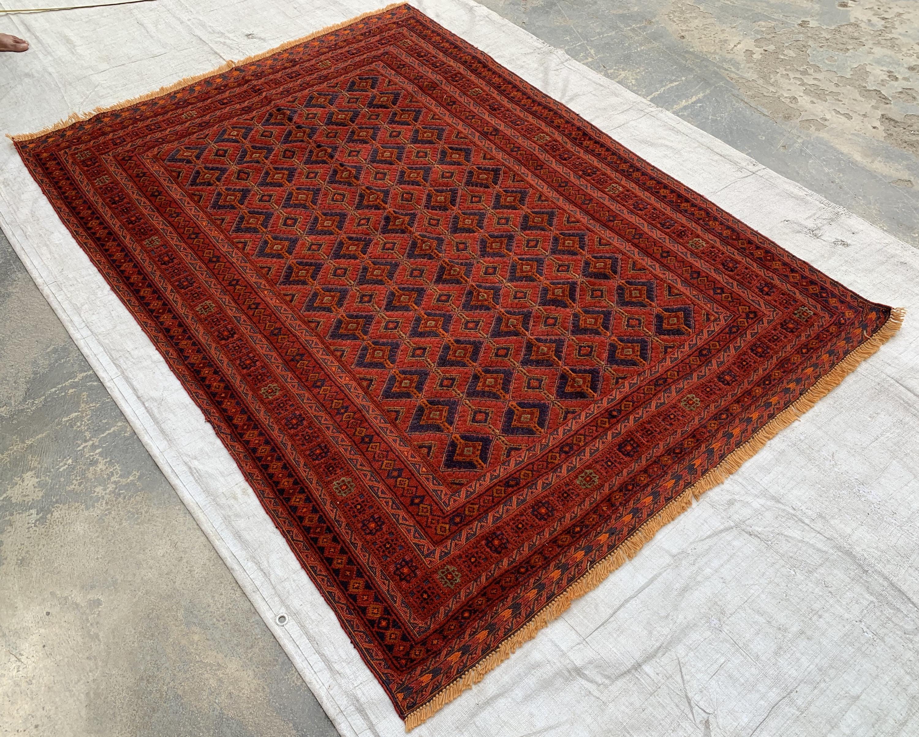 4'6x5'6ft, Vintage Afghan Rug – Handmade Wool Red and Blue Tribal Carpet | Geometric Oriental Area Rug for Living Room, Bedroom or Office