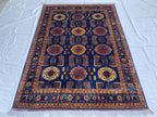 Navy Blue Beljik Rug 6x8ft – Hand-Knotted Afghan Wool Area Rug, Tribal Geometric Design, Oriental Carpet, Boho Home Decor, Living room rug