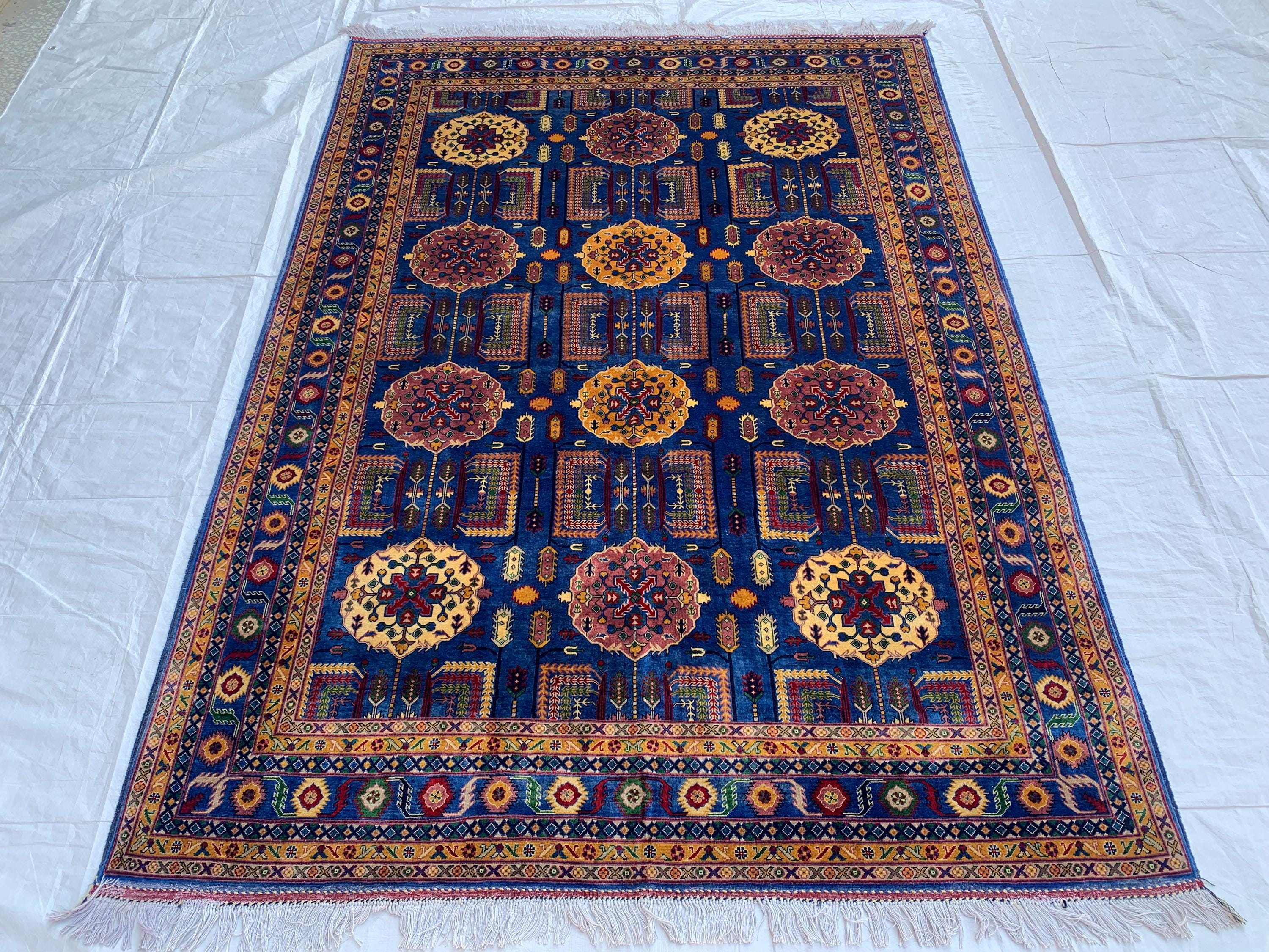 Navy Blue Beljik Rug 6x8ft – Hand-Knotted Afghan Wool Area Rug, Tribal Geometric Design, Oriental Carpet, Boho Home Decor, Living room rug