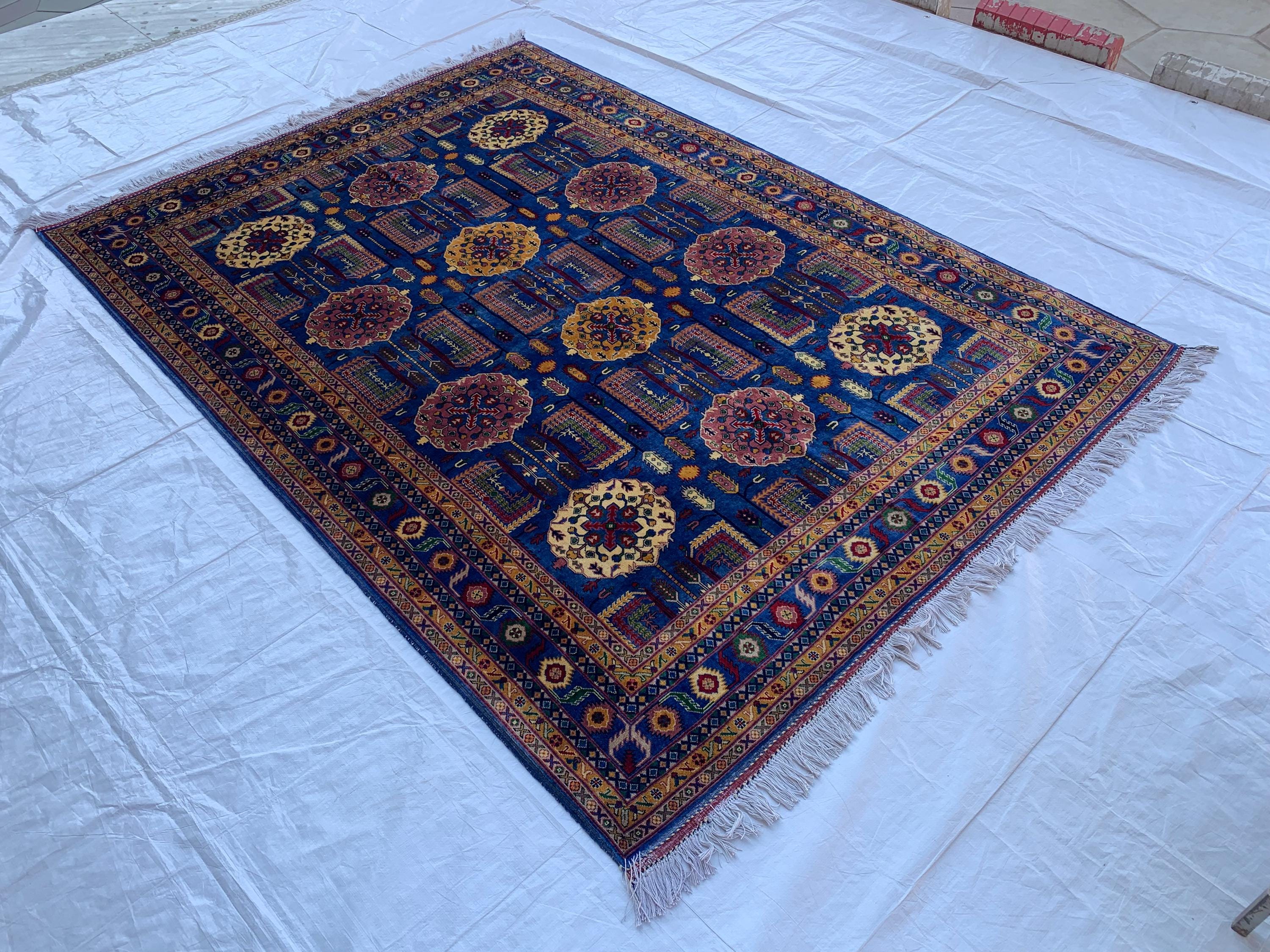 Navy Blue Beljik Rug 6x8ft – Hand-Knotted Afghan Wool Area Rug, Tribal Geometric Design, Oriental Carpet, Boho Home Decor, Living room rug