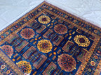 Navy Blue Beljik Rug 6x8ft – Hand-Knotted Afghan Wool Area Rug, Tribal Geometric Design, Oriental Carpet, Boho Home Decor, Living room rug