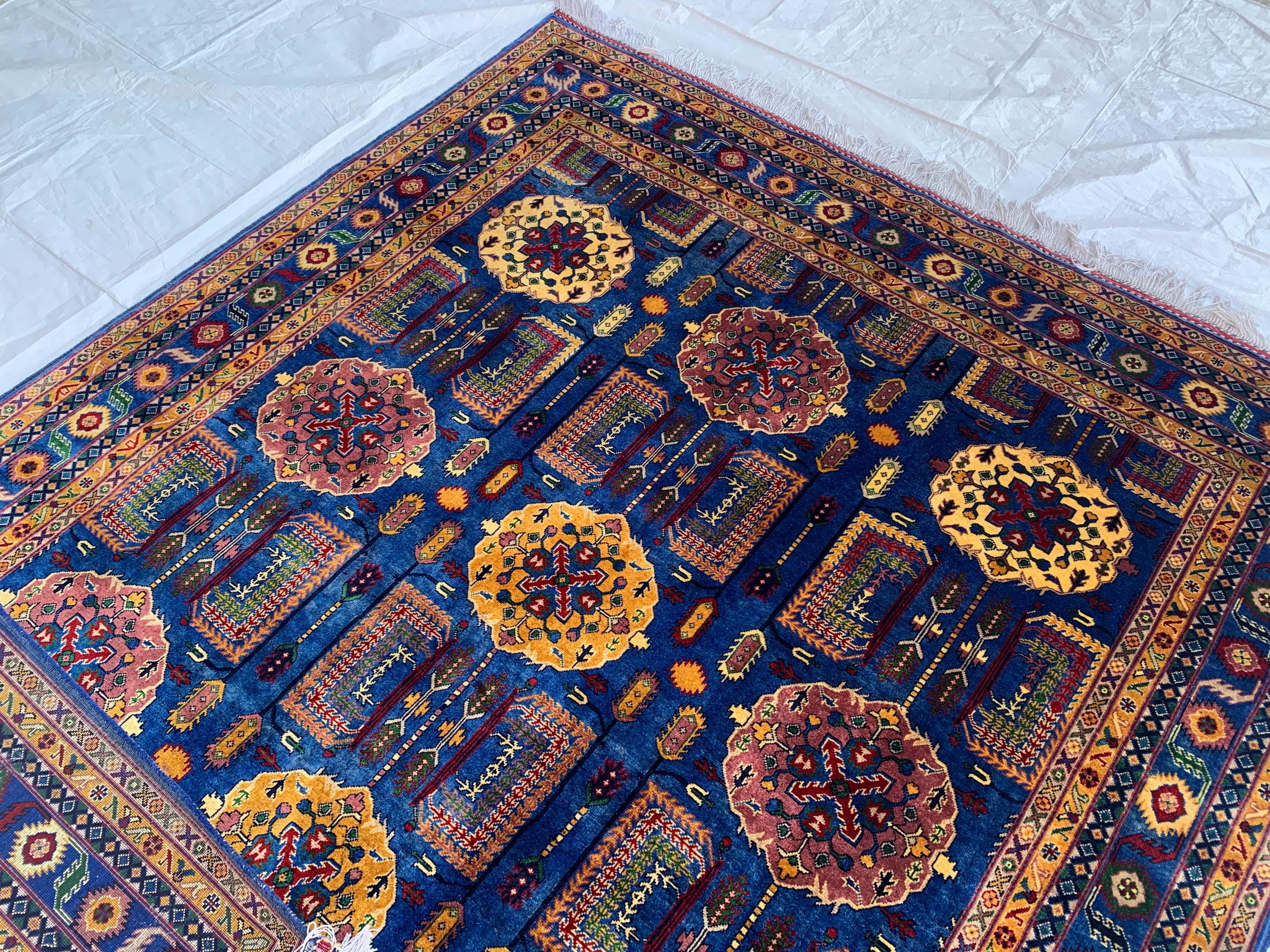 Navy Blue Beljik Rug 6x8ft – Hand-Knotted Afghan Wool Area Rug, Tribal Geometric Design, Oriental Carpet, Boho Home Decor, Living room rug