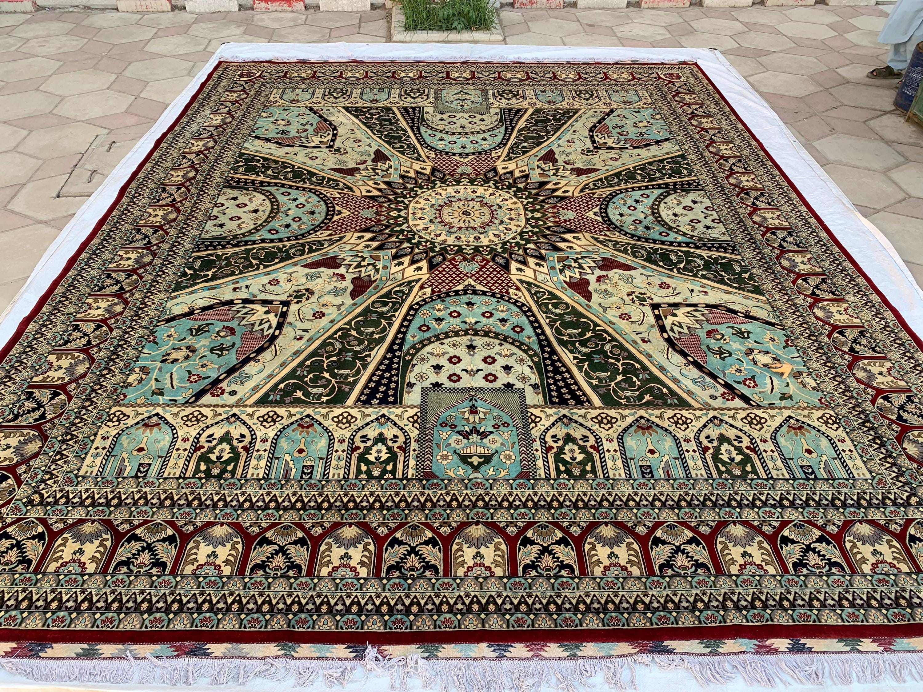 14x17ft Large Afghan Rug – Handmade Wool Carpet, Blue Green Cream Burgundy Colors, Oversized Oriental Rug, Traditional Geometric Floor Decor