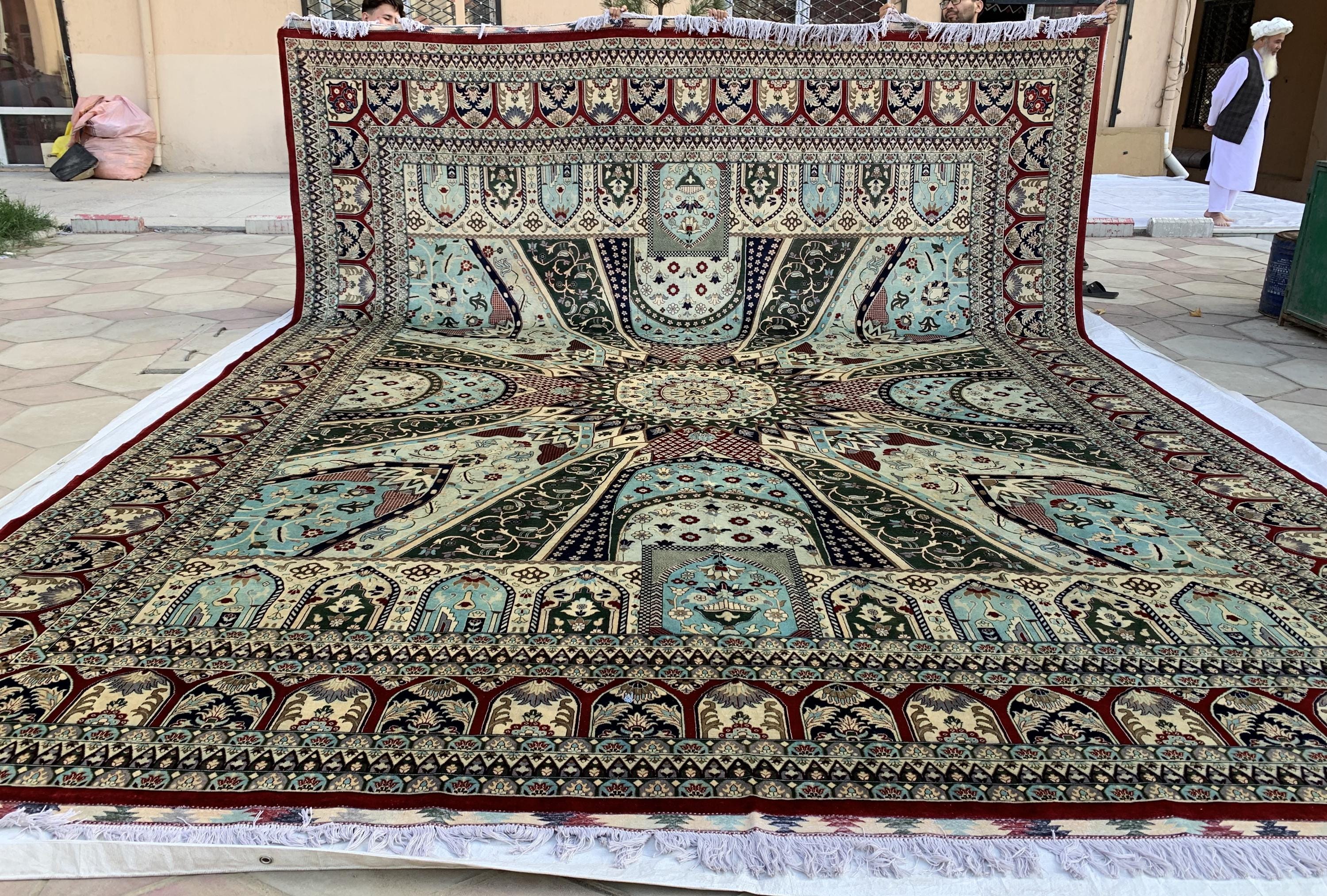 14x17ft Large Afghan Rug – Handmade Wool Carpet, Blue Green Cream Burgundy Colors, Oversized Oriental Rug, Traditional Geometric Floor Decor