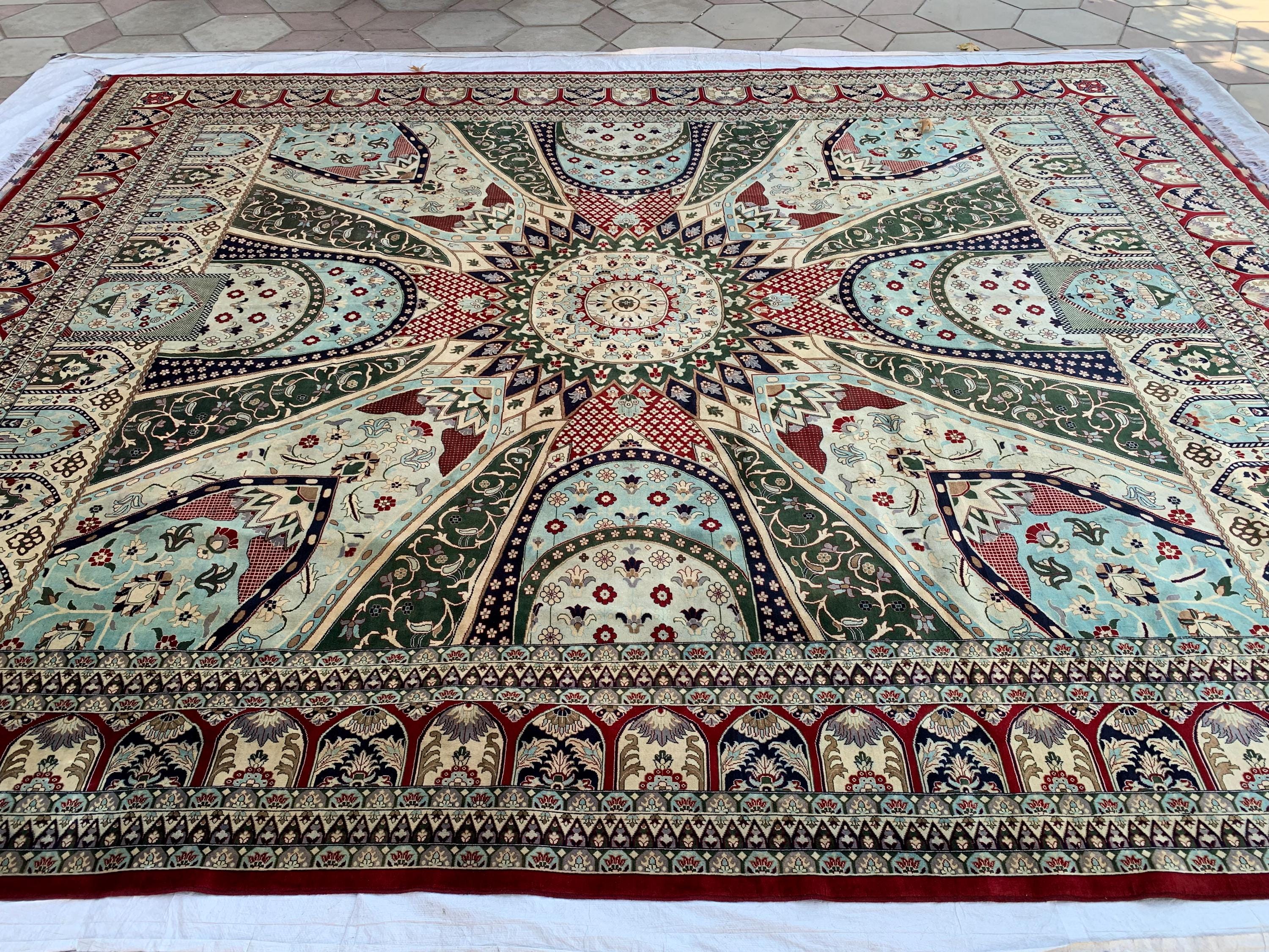 14x17ft Large Afghan Rug – Handmade Wool Carpet, Blue Green Cream Burgundy Colors, Oversized Oriental Rug, Traditional Geometric Floor Decor