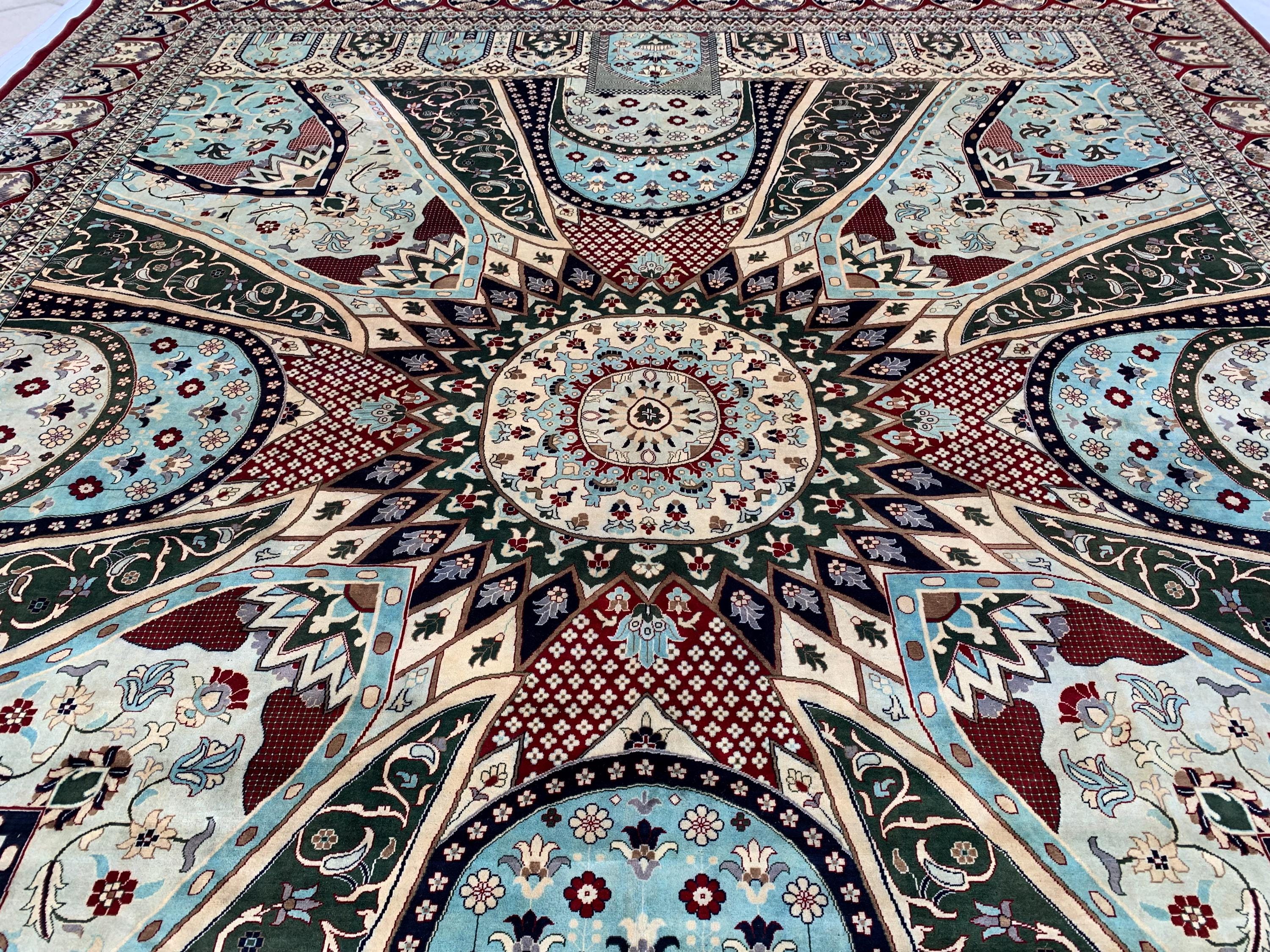 14x17ft Large Afghan Rug – Handmade Wool Carpet, Blue Green Cream Burgundy Colors, Oversized Oriental Rug, Traditional Geometric Floor Decor