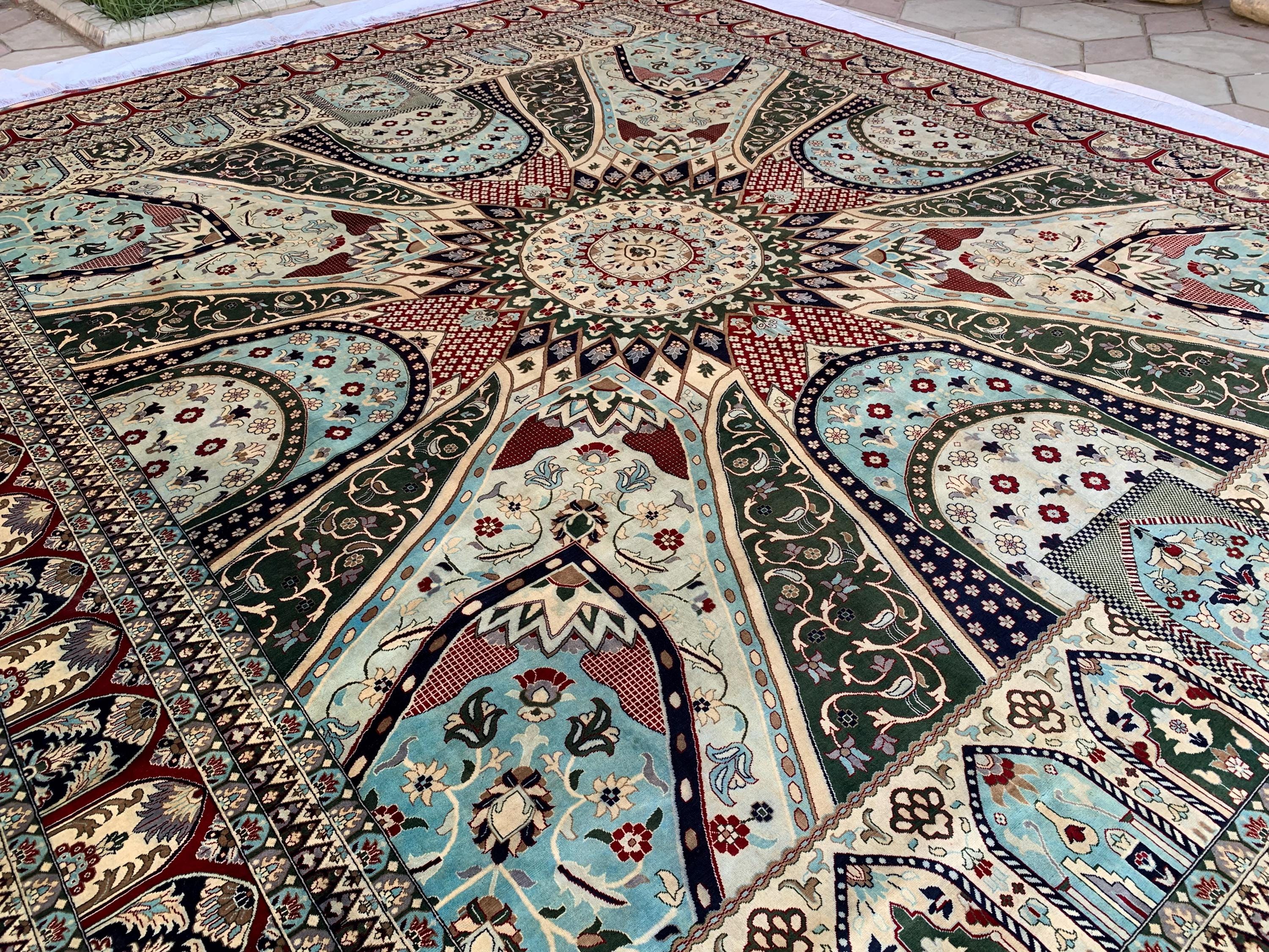 14x17ft Large Afghan Rug – Handmade Wool Carpet, Blue Green Cream Burgundy Colors, Oversized Oriental Rug, Traditional Geometric Floor Decor
