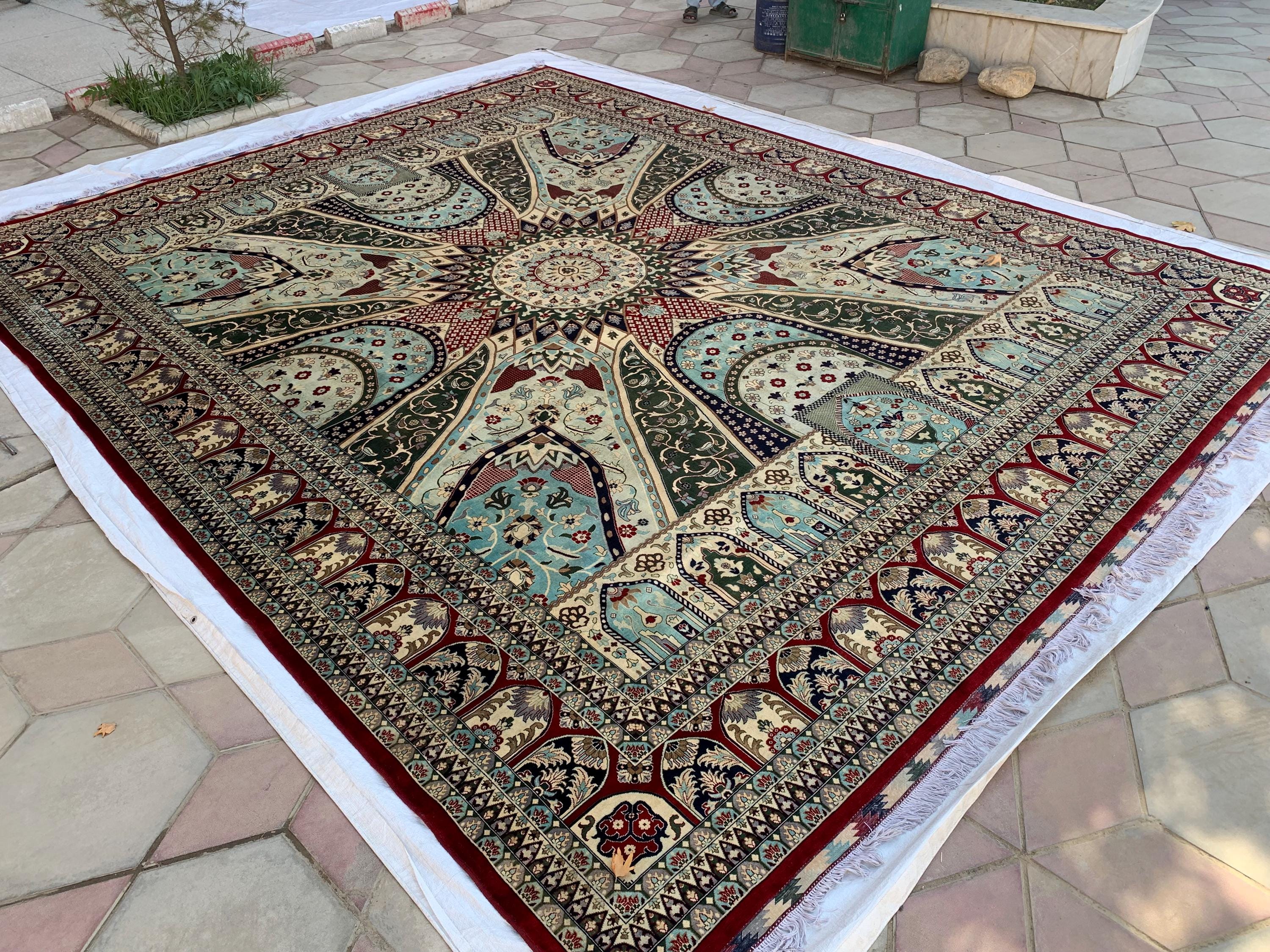 14x17ft Large Afghan Rug – Handmade Wool Carpet, Blue Green Cream Burgundy Colors, Oversized Oriental Rug, Traditional Geometric Floor Decor