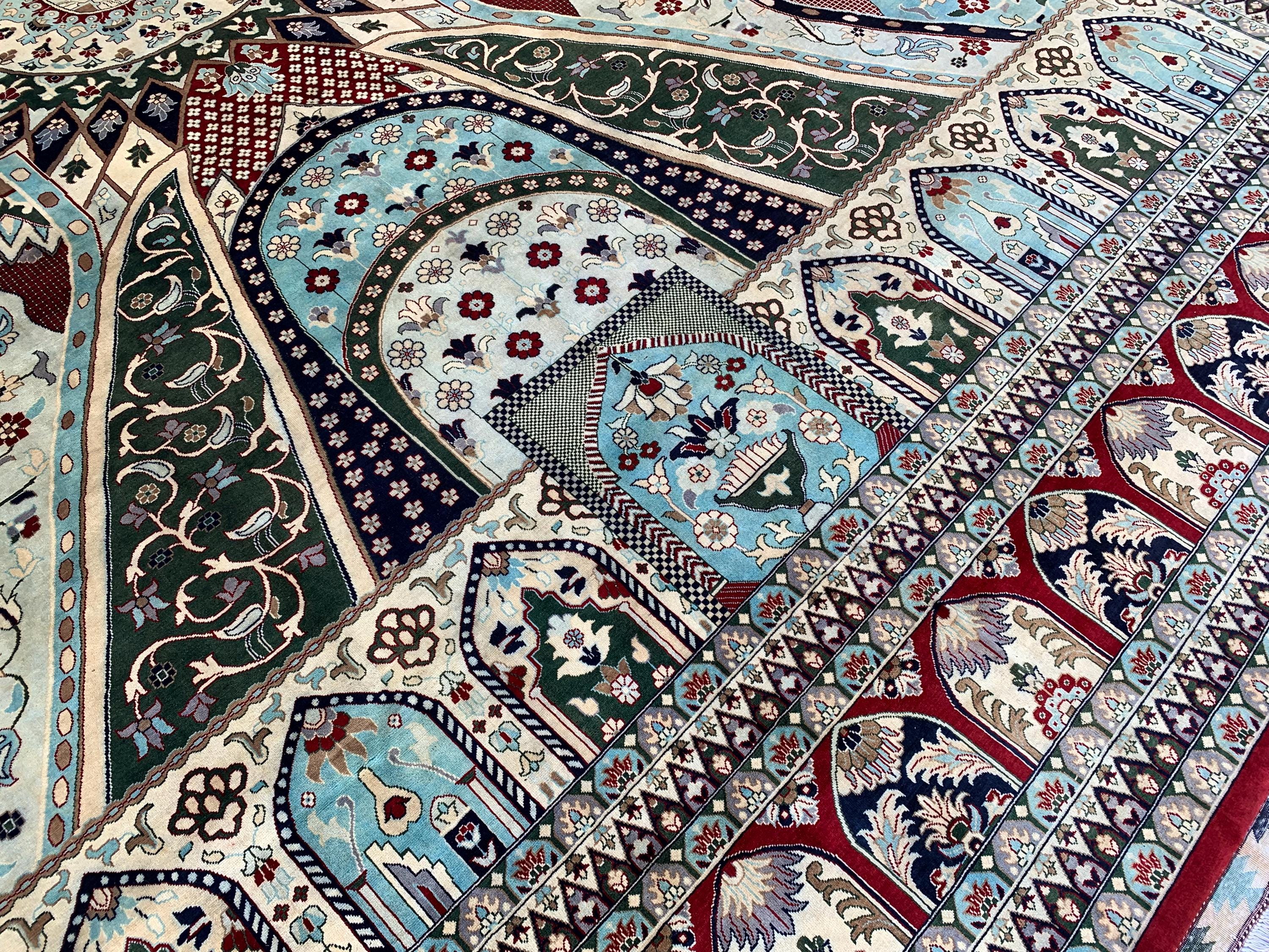 14x17ft Large Afghan Rug – Handmade Wool Carpet, Blue Green Cream Burgundy Colors, Oversized Oriental Rug, Traditional Geometric Floor Decor
