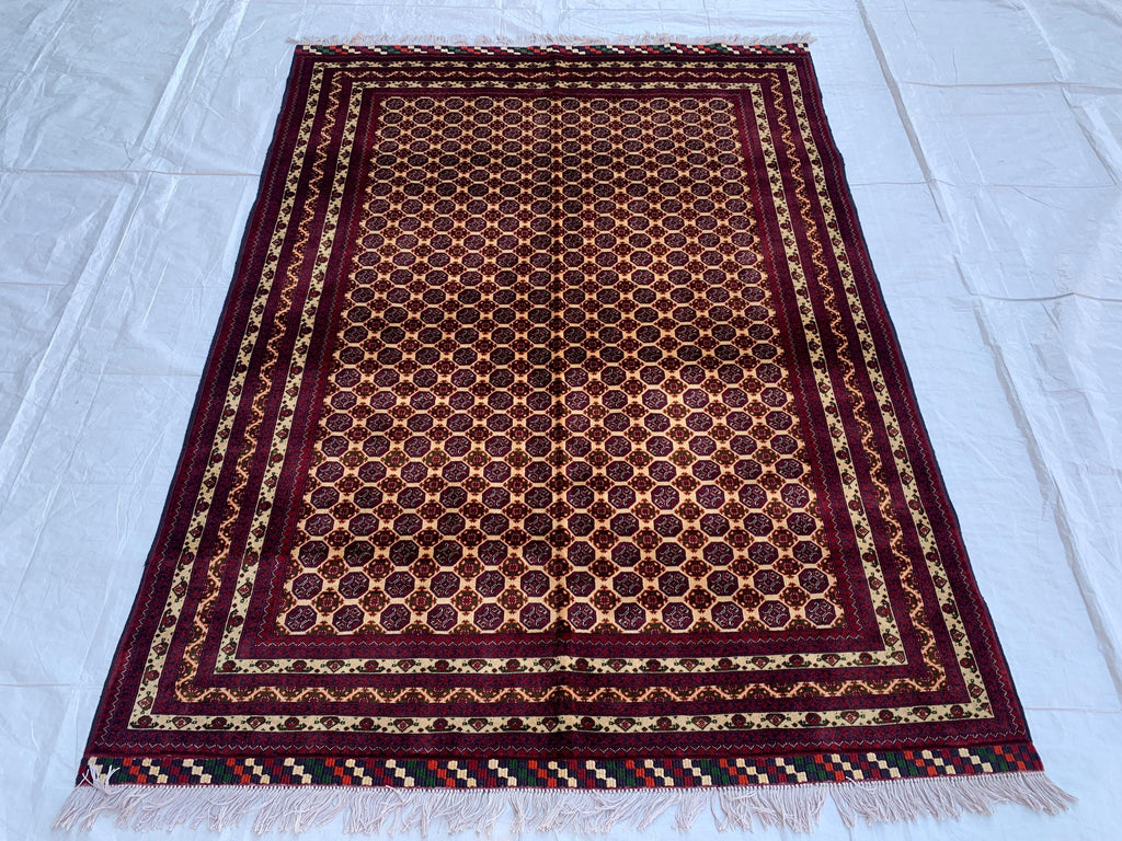 5x7ft Hoja Roshnai Beljik Rug – Handwoven Afghan Area Rug in Burgundy, Cream & Black – Geometric Repeating Pattern – Tribal Wool Carpet